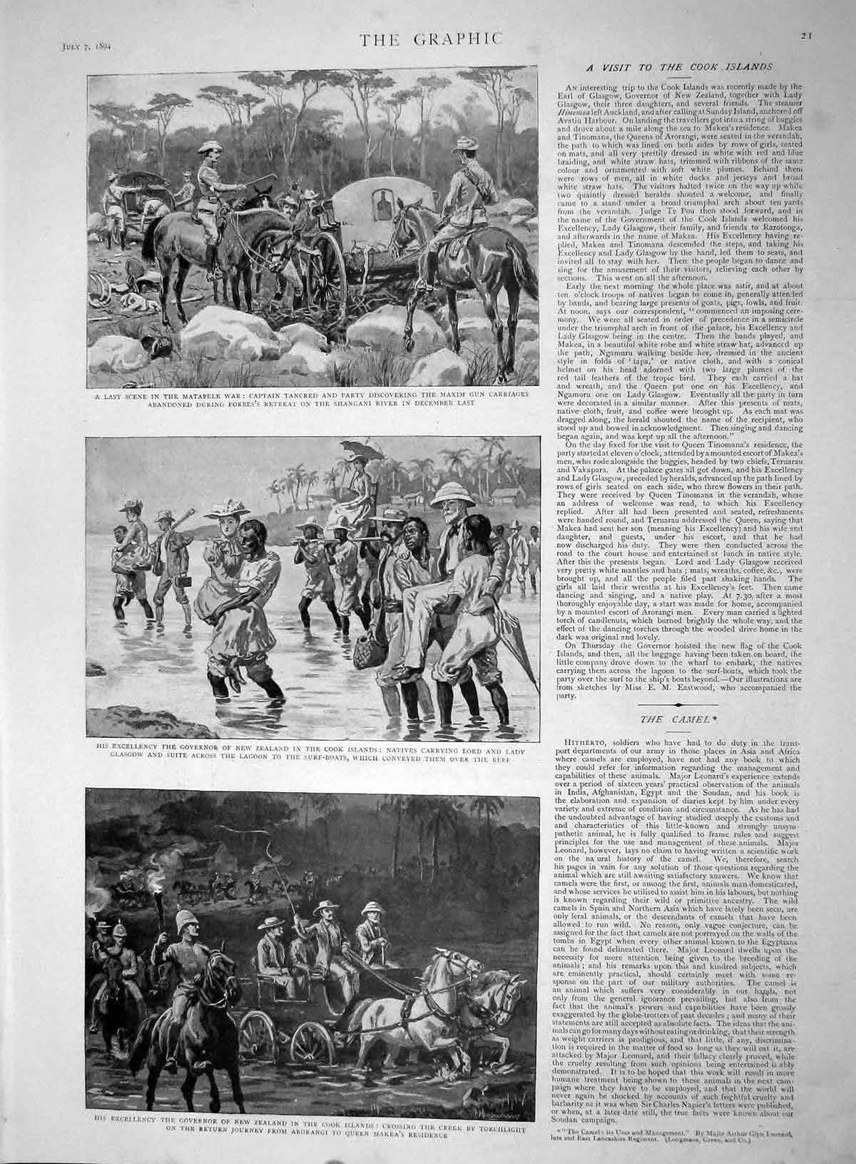 Original Old Antique Print 1894 Matabele War Tancred Maxim Gun Cook Island 19th
