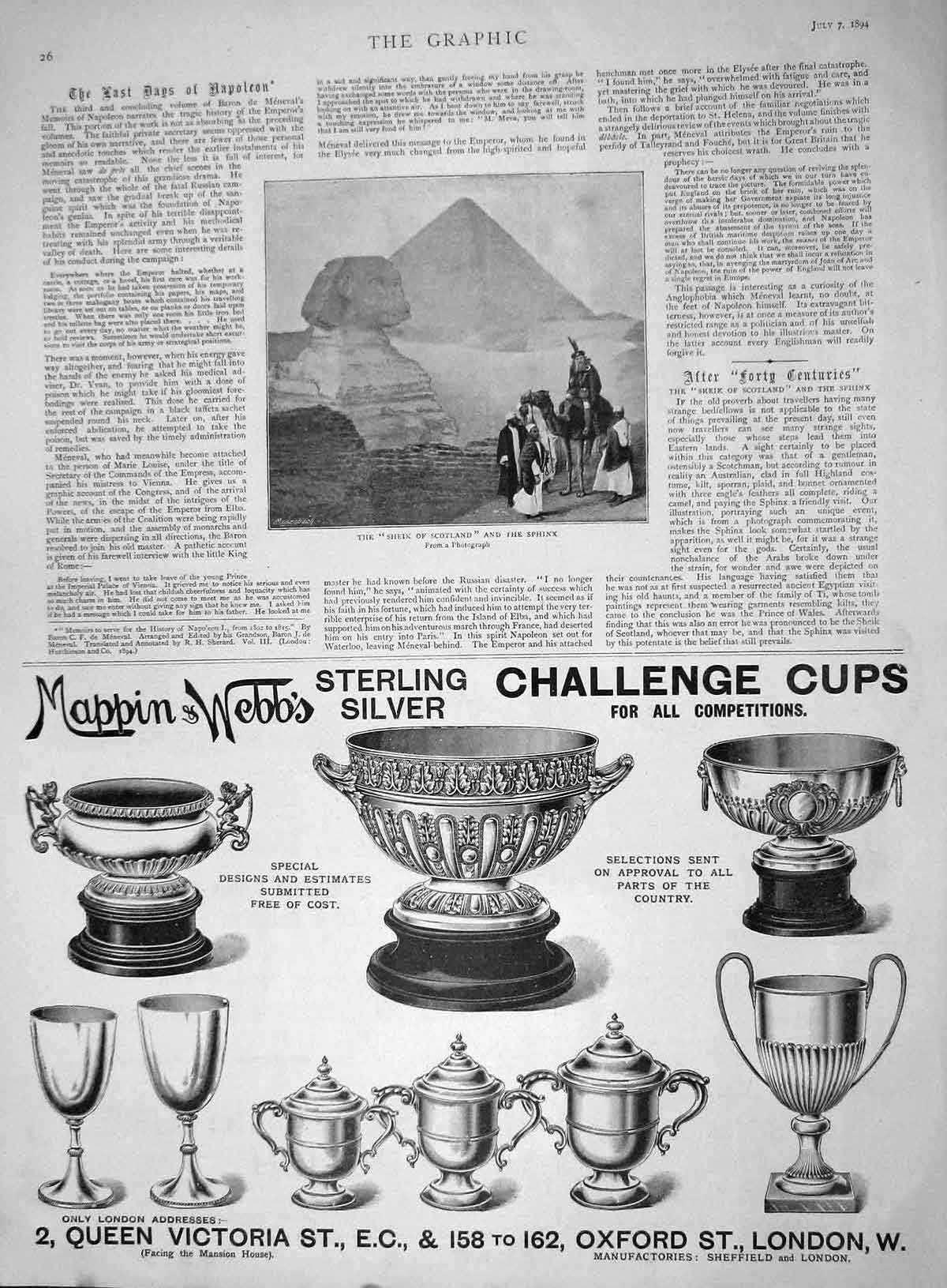 Original Old Antique Print 1894 Sheik Scotland Sphinx Mappin Webb Advertisement