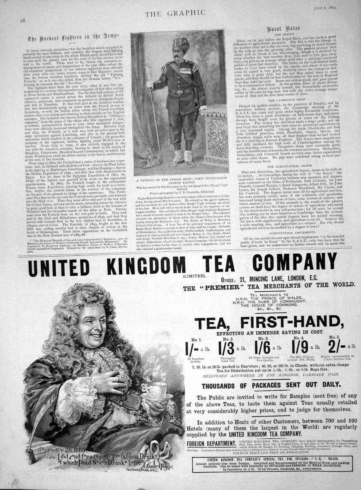 Original Old Antique Print 1894 Veteran Indian Army George Baptist Tea Company