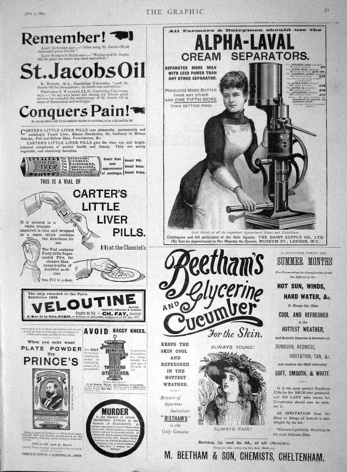 Old Antique Print 1894 Advertisement Beetham Alpha-Laval Carter'S Liver 19th