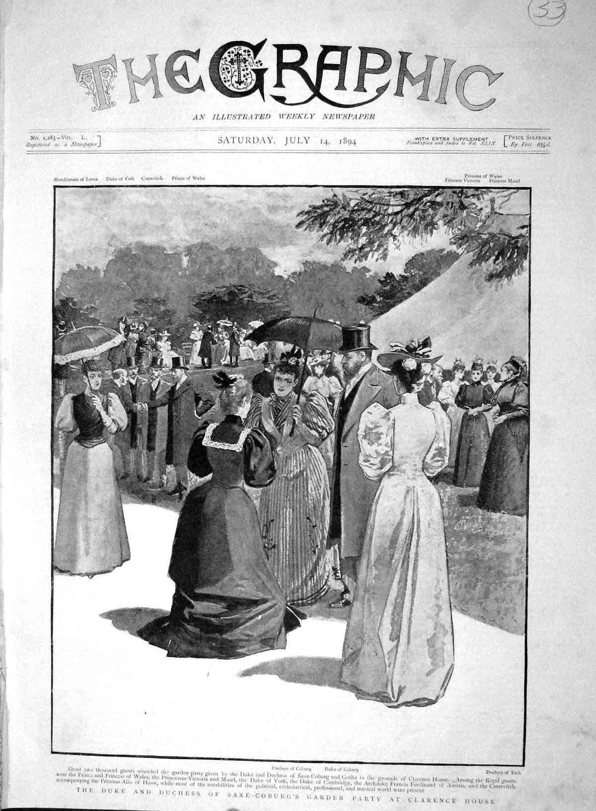 Original Old Antique Print 1894 Duke Duchess Saxe-Coburg Garden Party Clarence