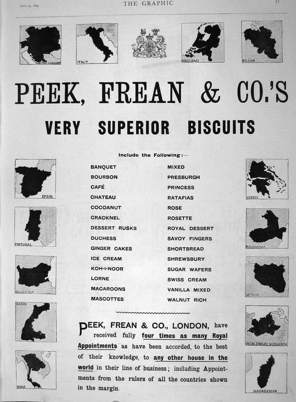 Old Antique Print 1894 Advertisement Peek Frean Superior Biscuits London 19th