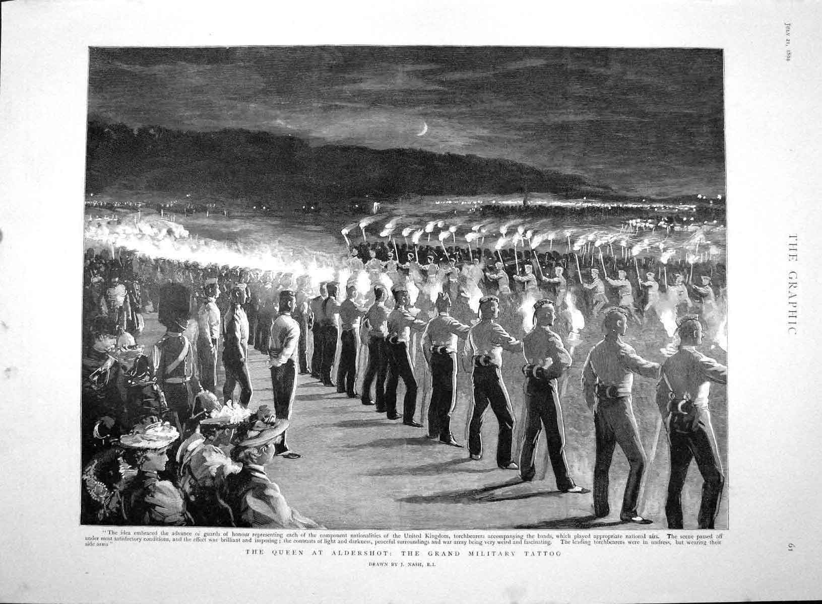 Original Old Antique Print 1894 Queen Aldershot Grand Military Tato Victorian