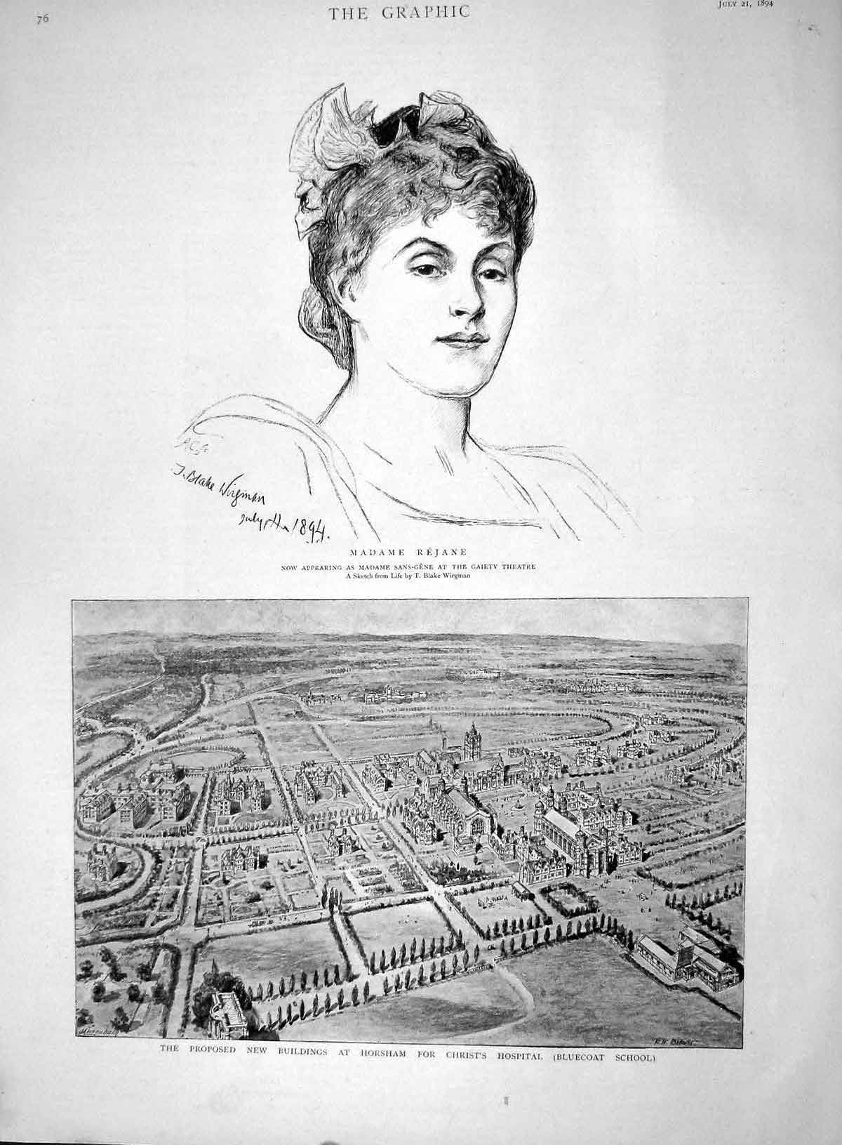 Original Old Antique Print 1894 Madame Rejane Bluecoat School Horsham Hospital