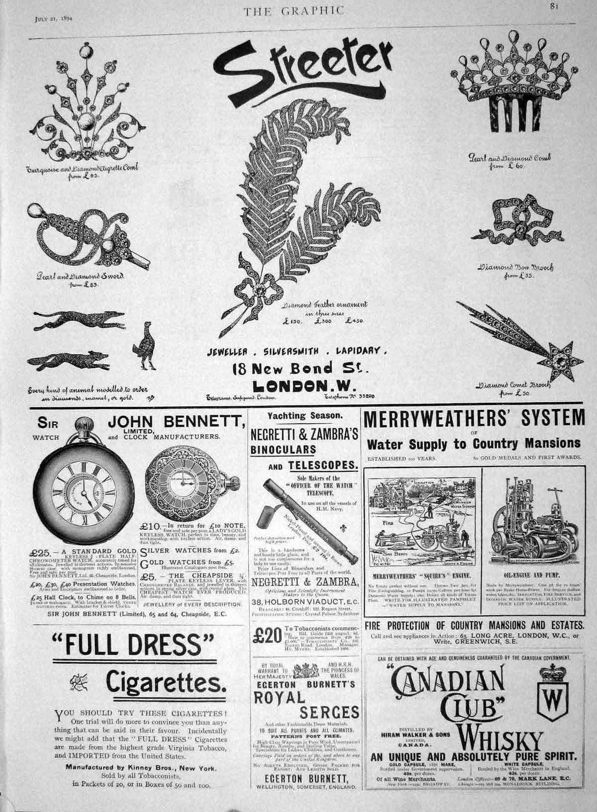 Original Old Antique Print 1894 Advertisement John Bennett Streeter Jeweller