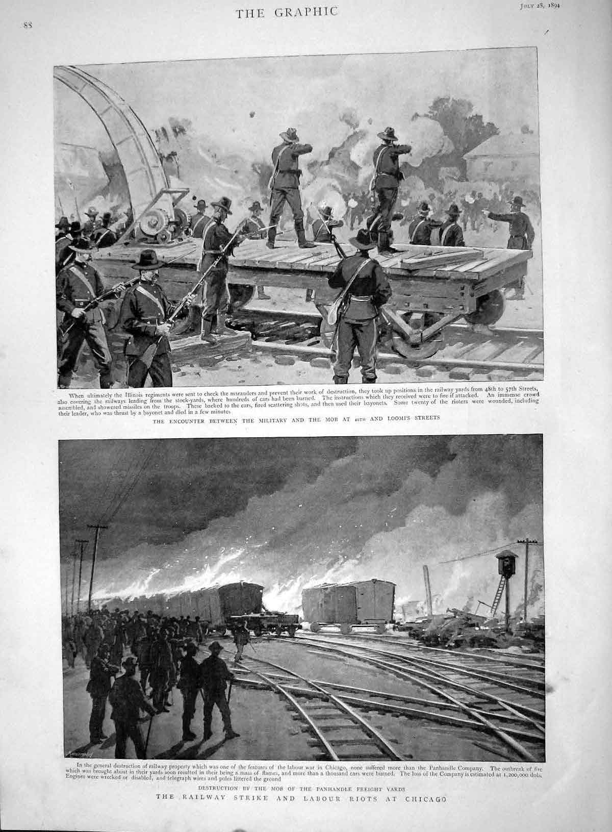 Original Old Antique Print 1894 Railway Strike Labour Riots Chicago Loomi 19th