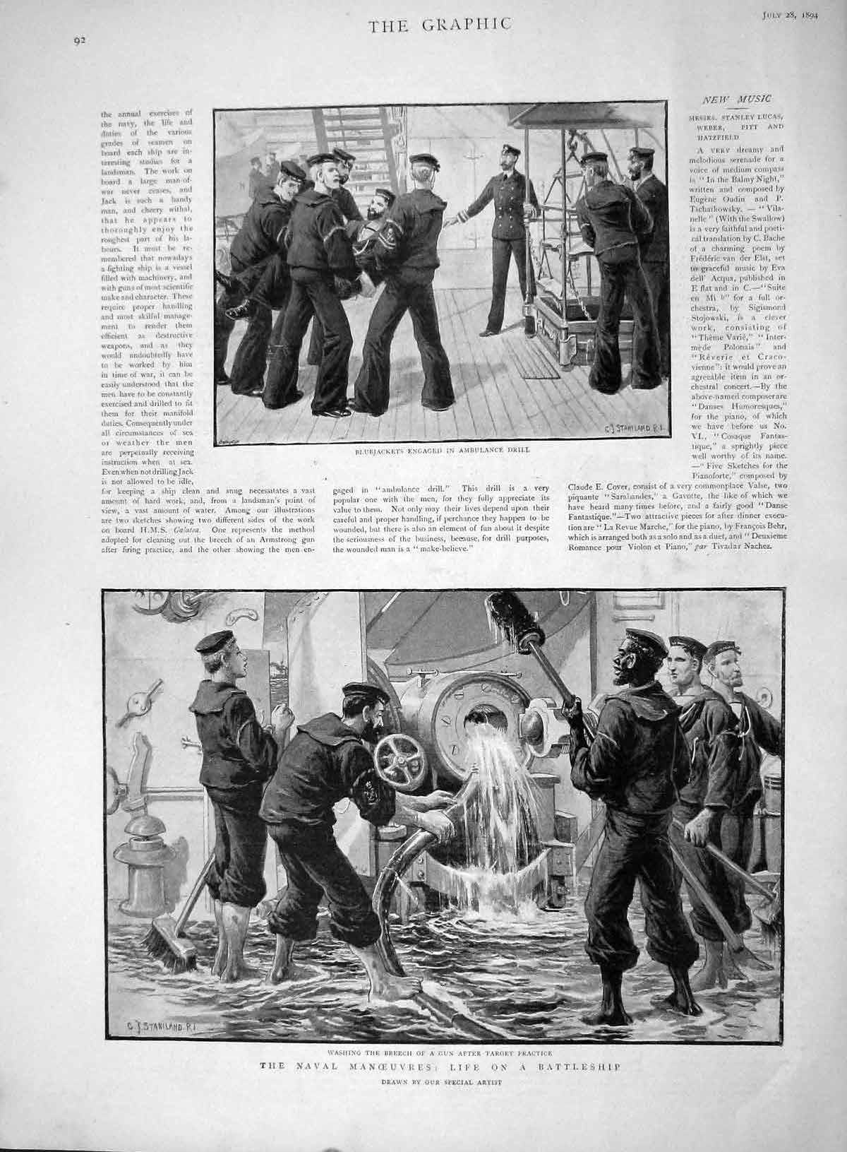 Old Antique Print 1894 Bluejackets Ambulance Drill Navy Ship Kirk Rennie 19th