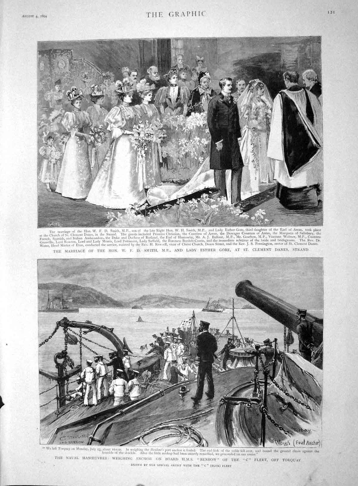 Old Antique Print 1894 Wedding Smith Esther Gore Strand Ship Benbow Navy 19th