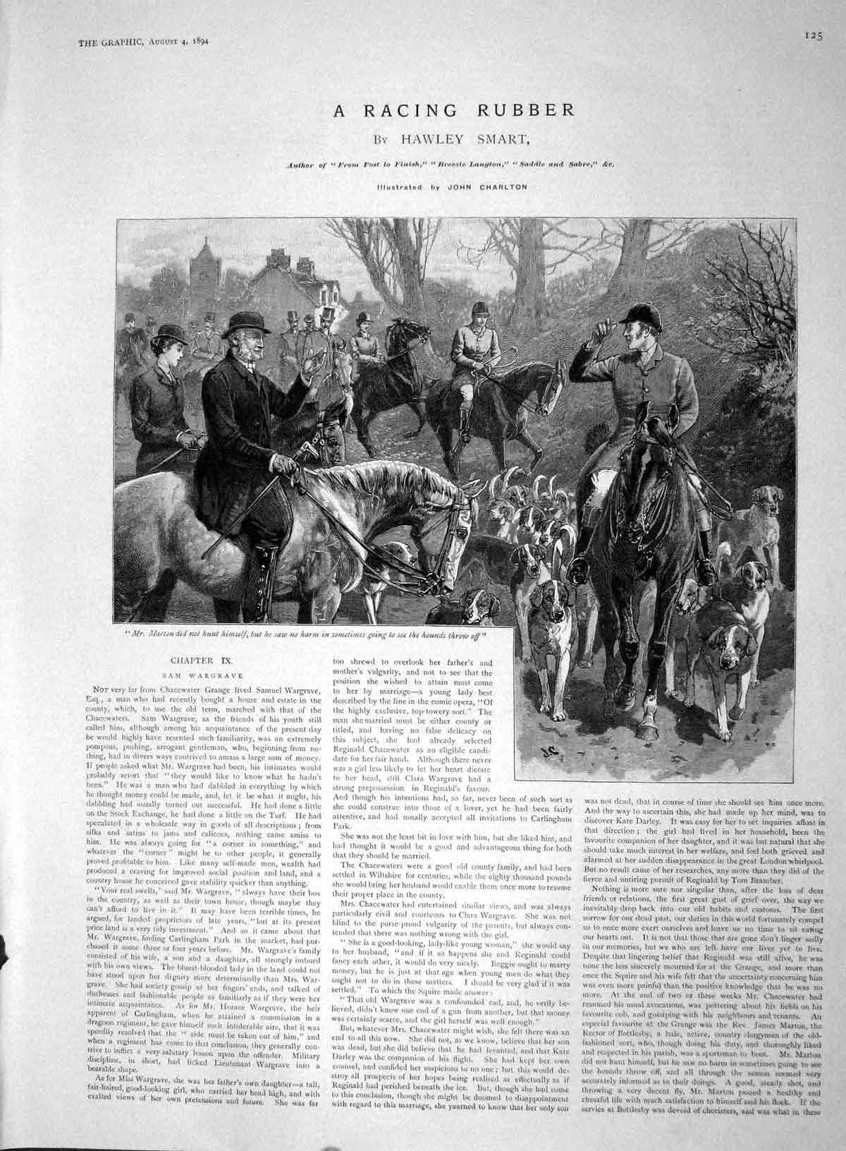 Original Old Antique Print 1894 Marton Fox Hunting Sport Hounds Horses Country
