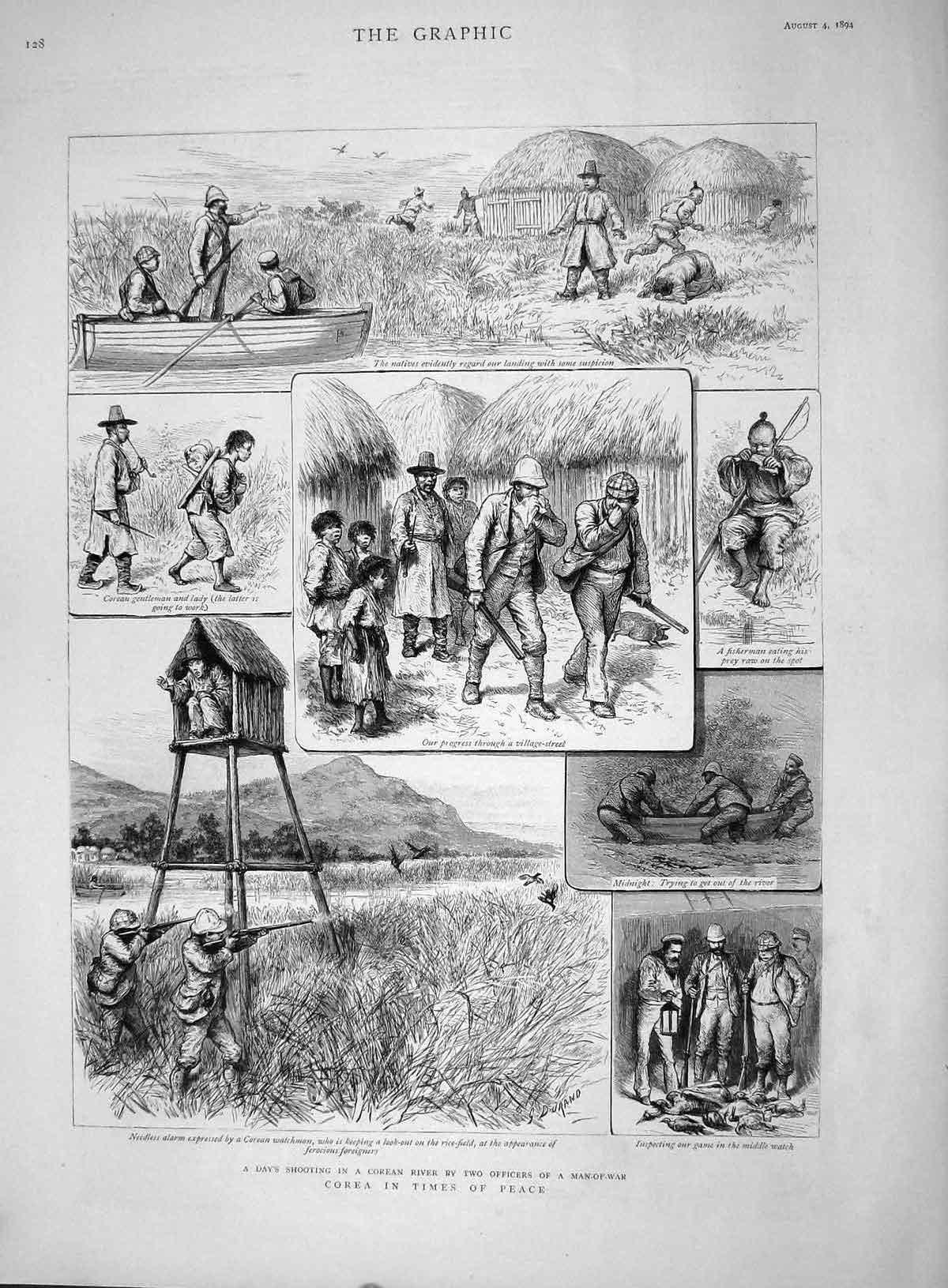 Original Old Antique Print 1894 Corea Day'S Shooting Hunting River War Officers