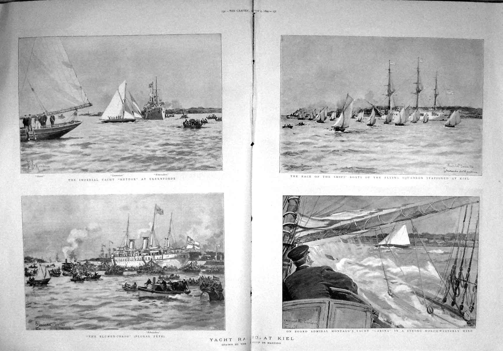Original Old Antique Print 1894 Damaged Yacht Carina Kiel Meteor Montagu 19th
