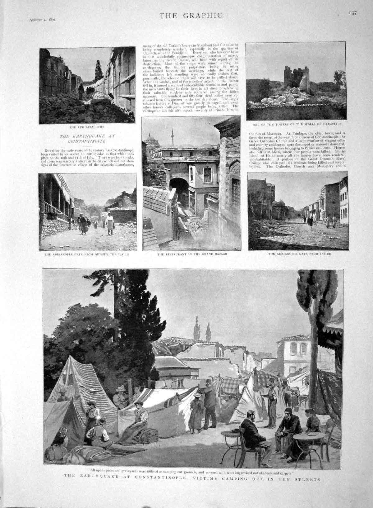 Original Old Antique Print 1894 Earthquake Constatinople Adrianople Sa Victorian