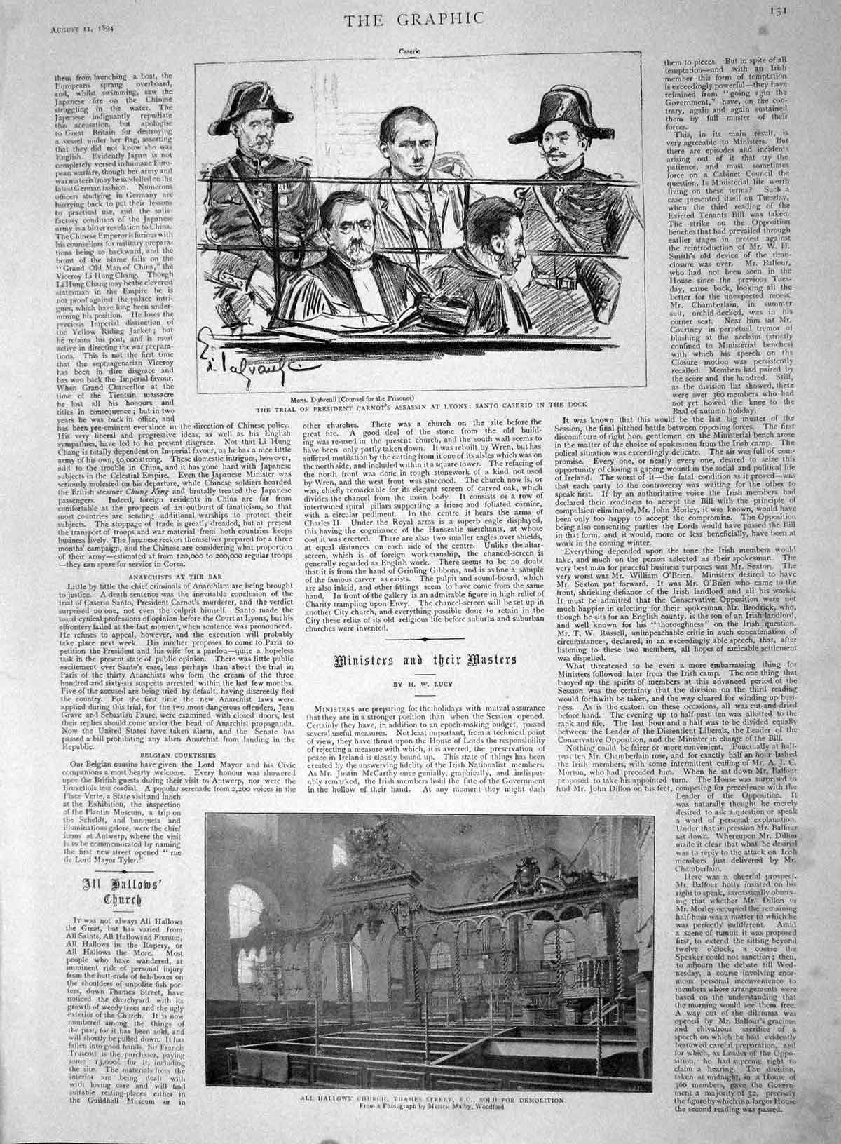 Old Antique Print 1894 All Hallow'S Church Thames Street President Carnot 19th