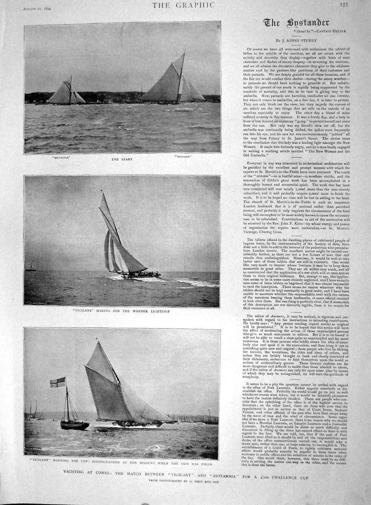 Original Old Antique Print 1894 Yachting Cowes Vigilant Britannia Challenge Cup