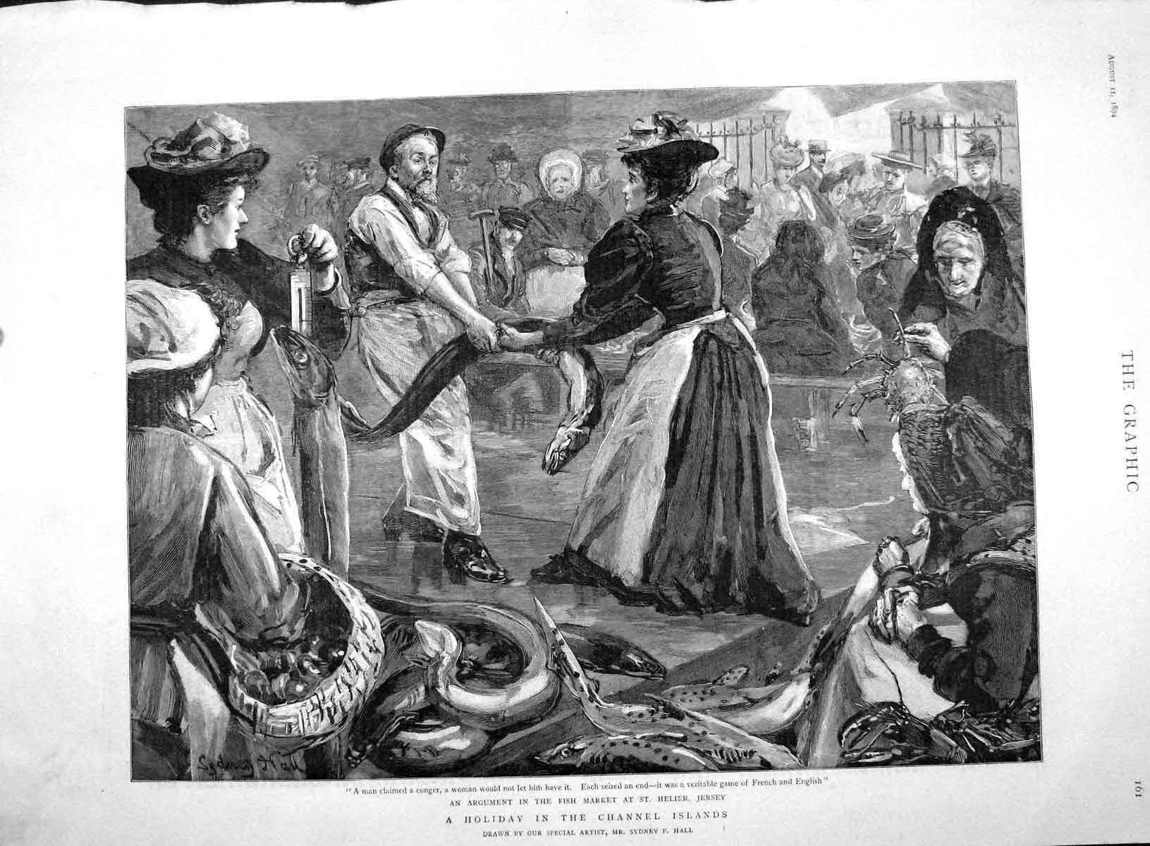 Original Old Antique Print 1894 Channel Islands Fish Market St. Helier Jersey