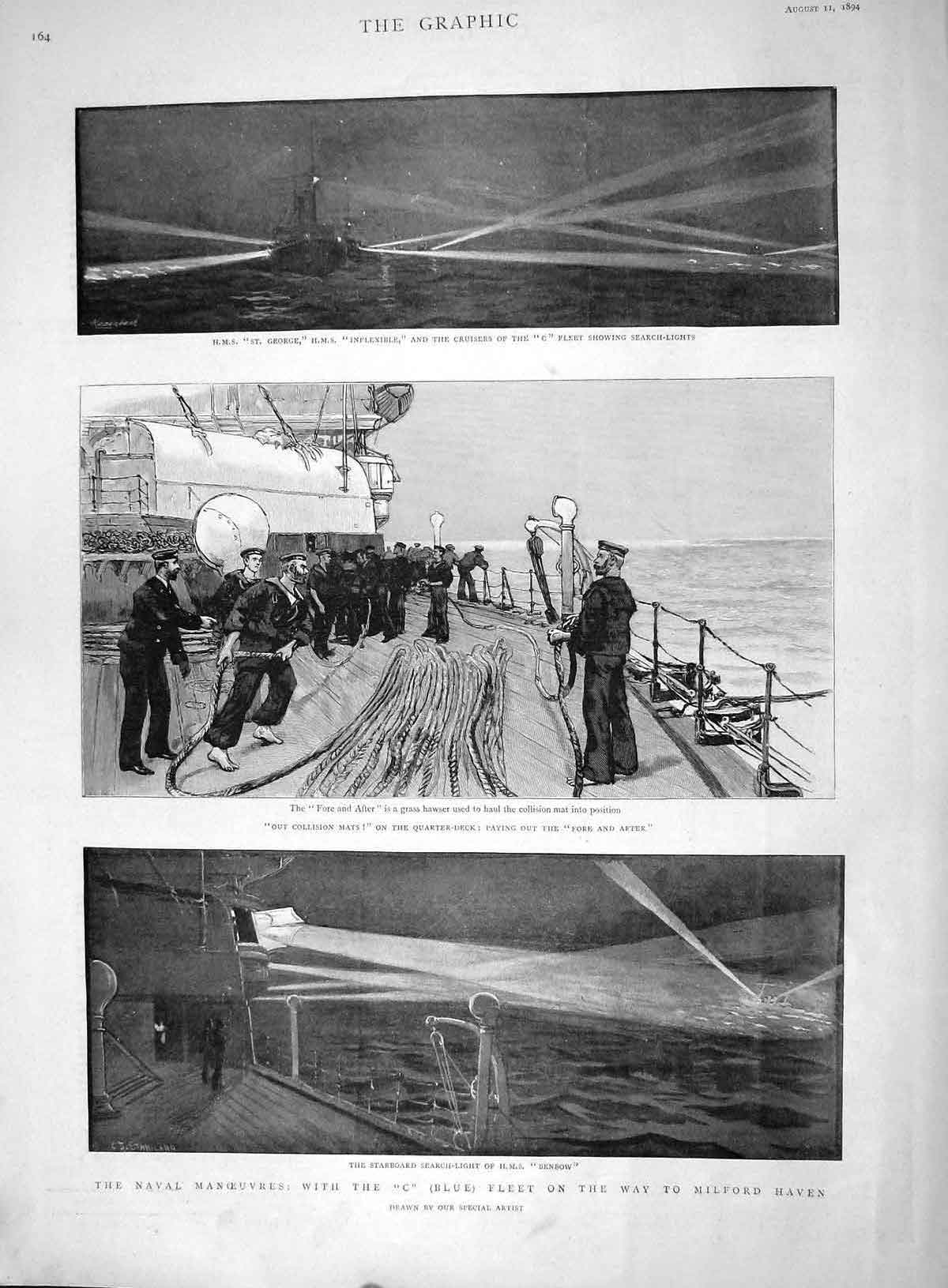 Old Antique Print 1894 Navy Blue Milford Haven Ship George Inflexible War 19th