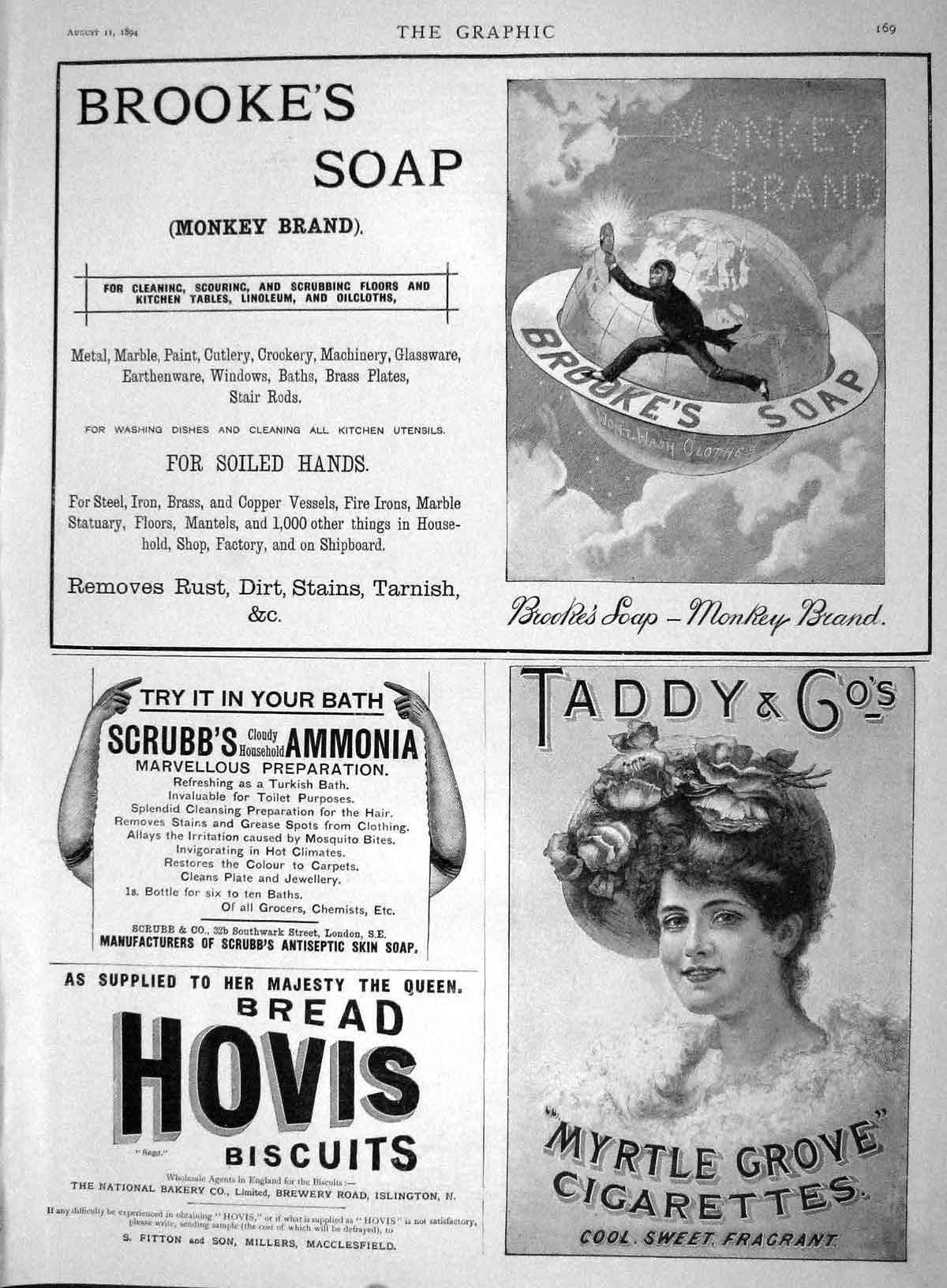 Original Old Antique Print 1894 Advertisement Brooke'S Soap Hovis Cigarettes