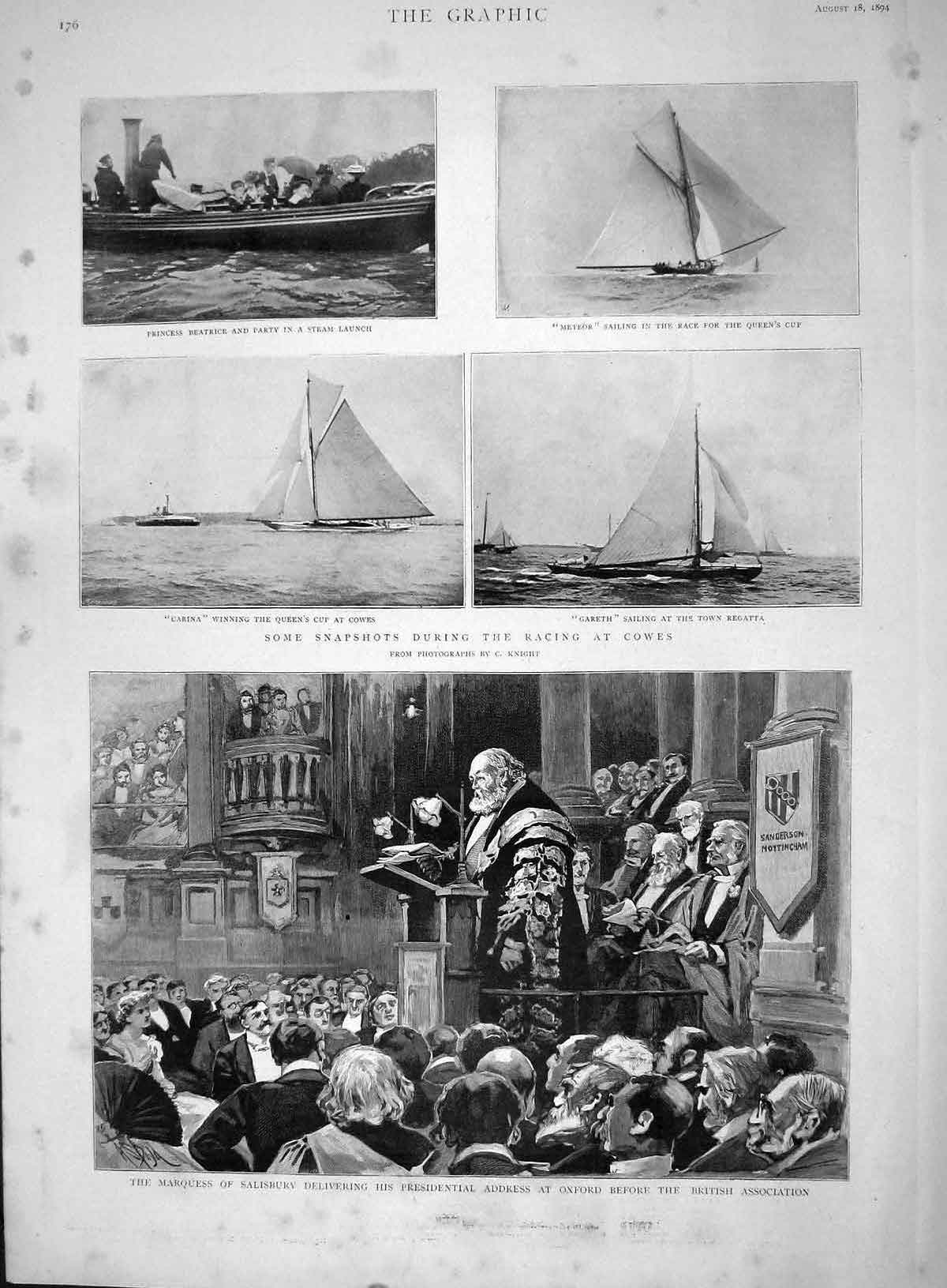 Original Old Antique Print 1894 Marquess Salisbury Oxford Cowes Carina Meteor