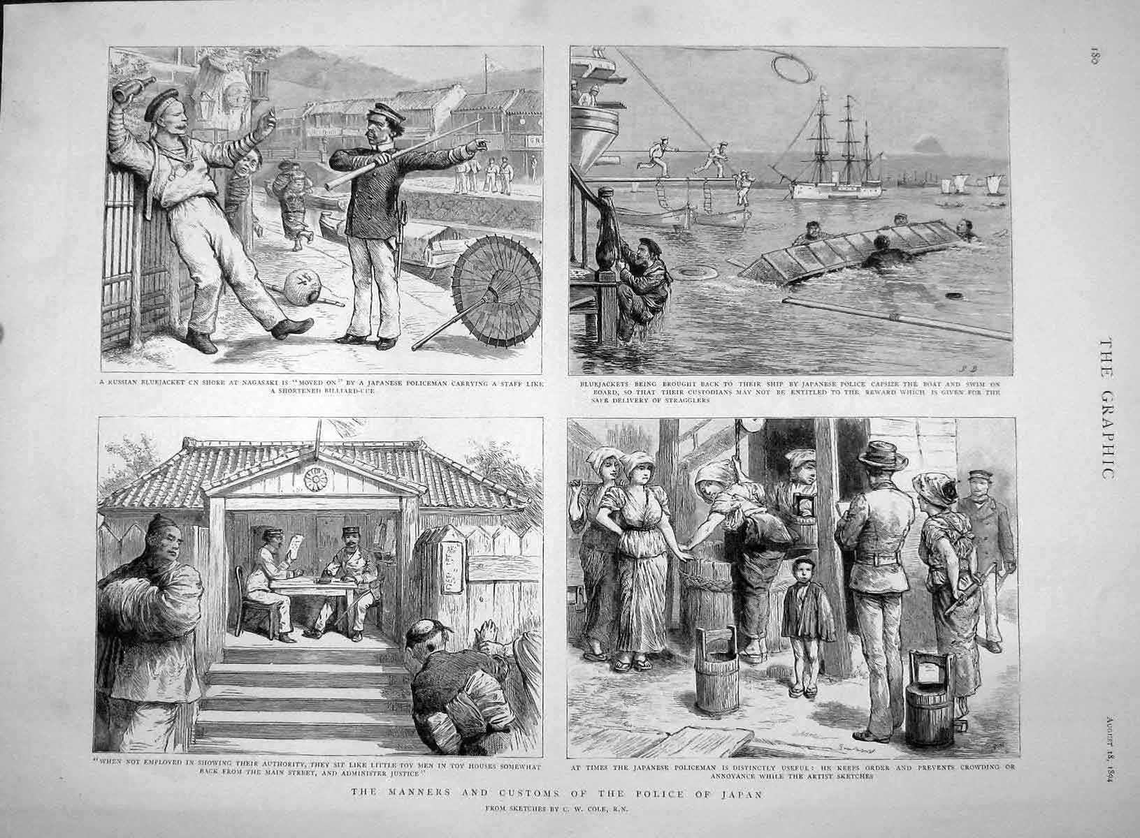 Old Antique Print 1894 Manners Customs Police Japan Russian Bluejackets 19th