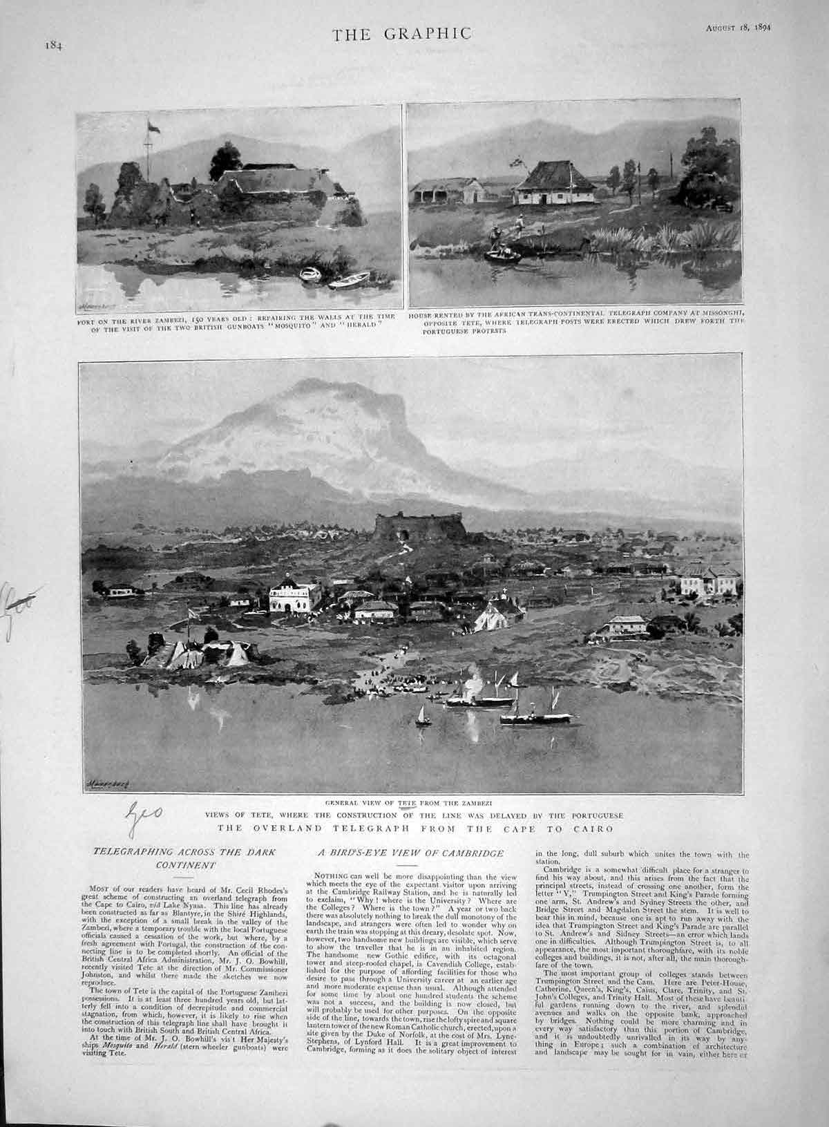 Original Old Antique Print 1894 Overland Telegraph River Zambezi Missonghi Tete
