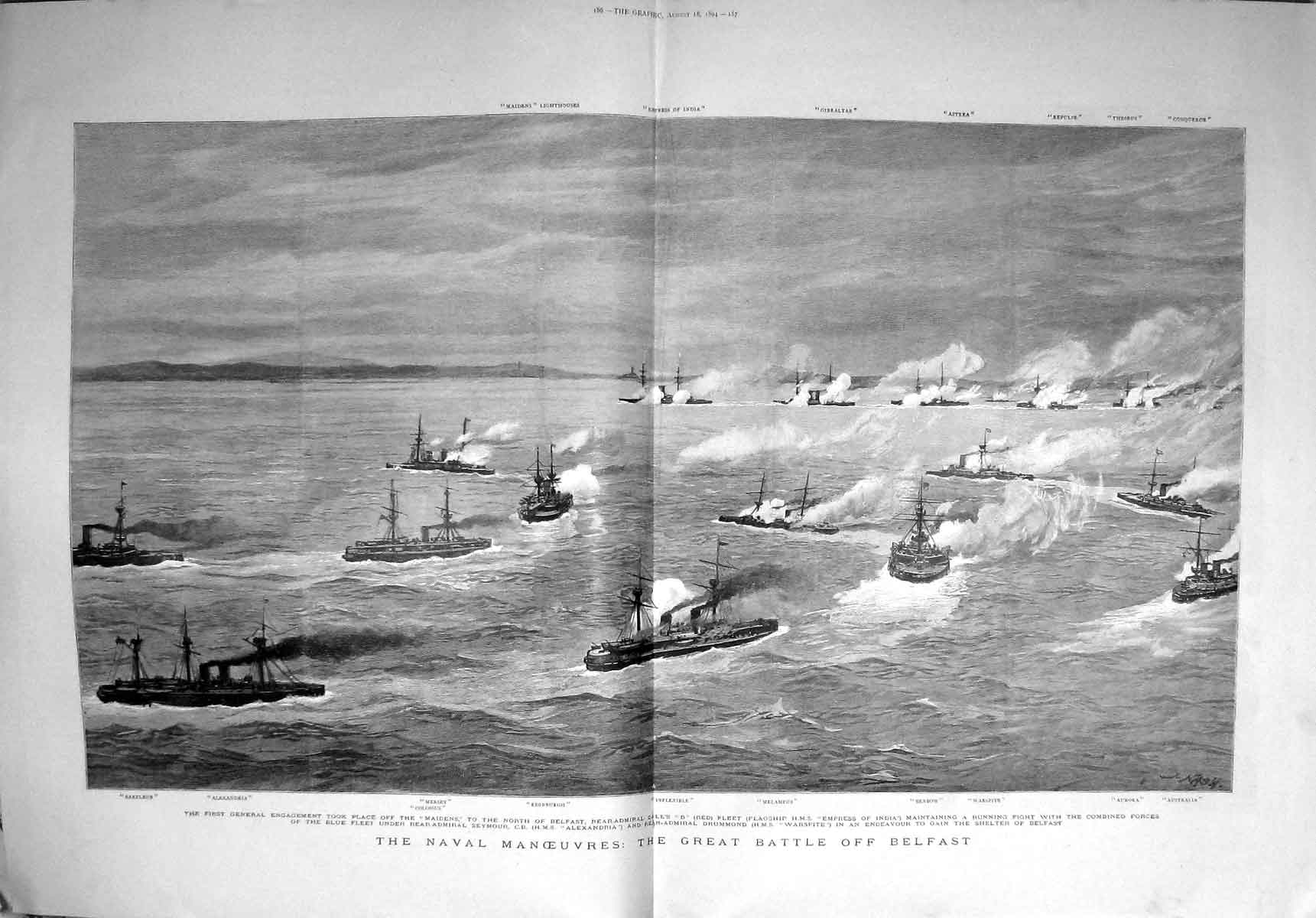 Old Antique Print 1894 Navy Battle Ships Belfast Melampus Benbow Mersey 19th