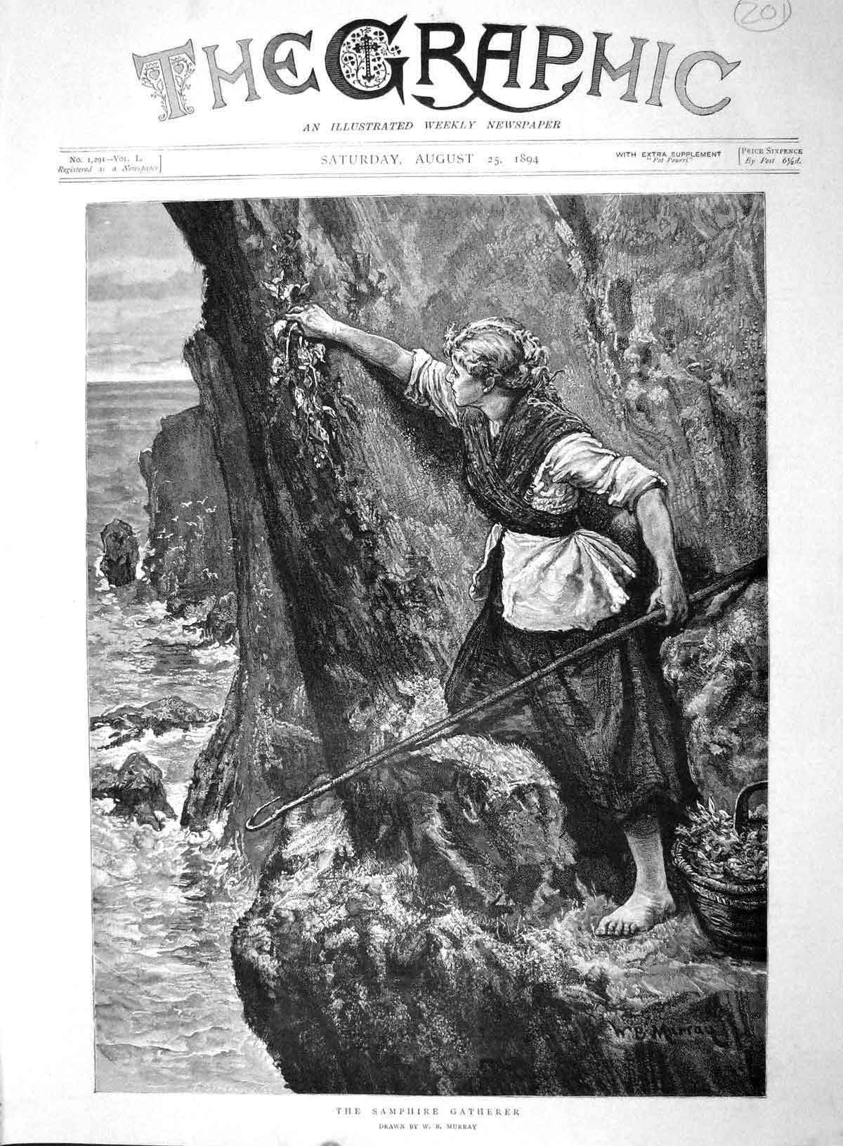 Old Antique Print 1894 Samphire Gatherer Young Woman Sea Cliffs Fine Art 19th