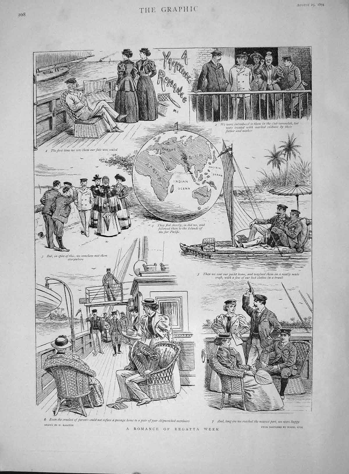 Original Old Antique Print 1894 Romance Regatt Yacht Story 19th