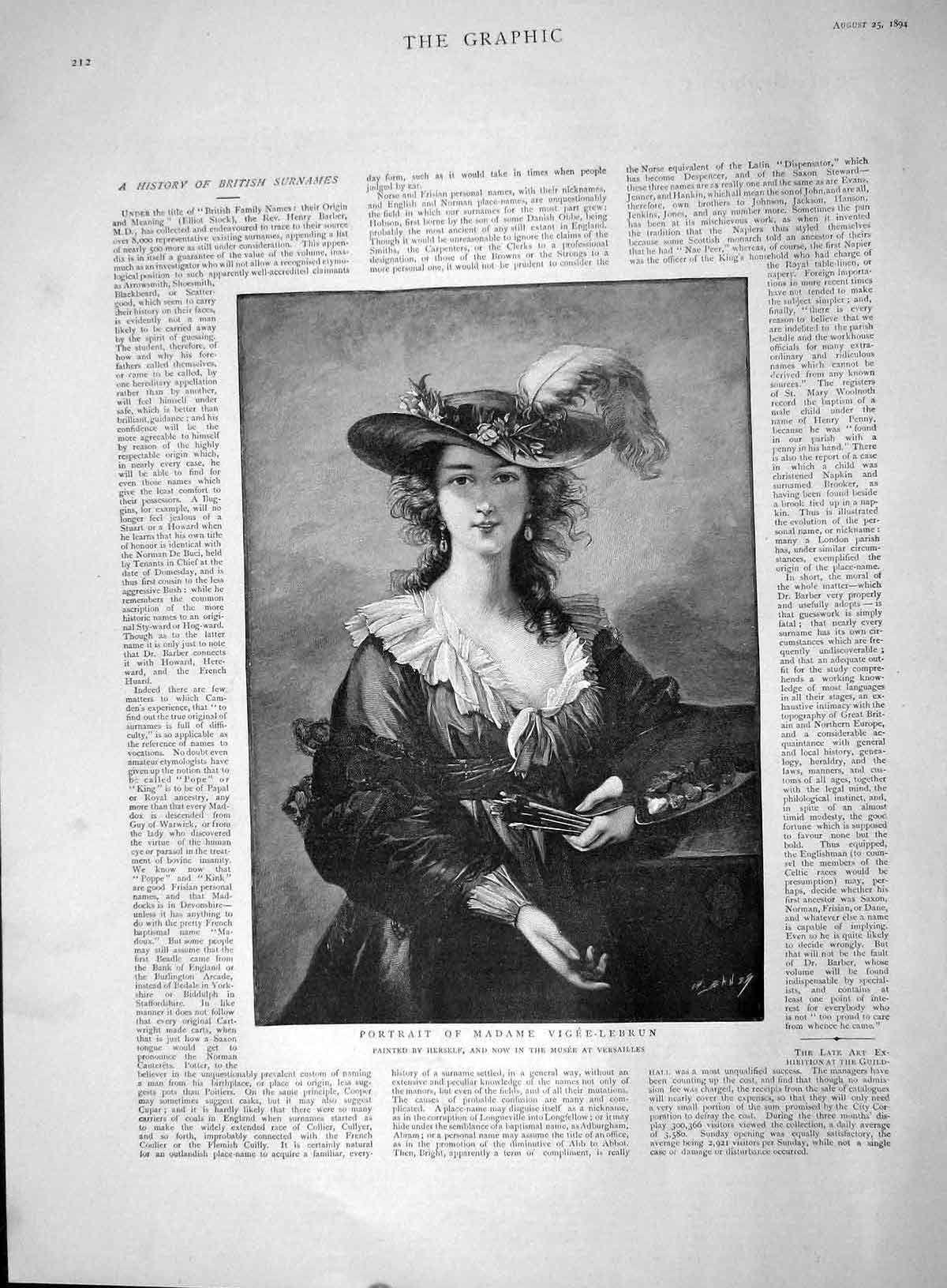 Original Old Antique Print 1894 Portrait Madame Vigee-Lebrun Versailles 19th
