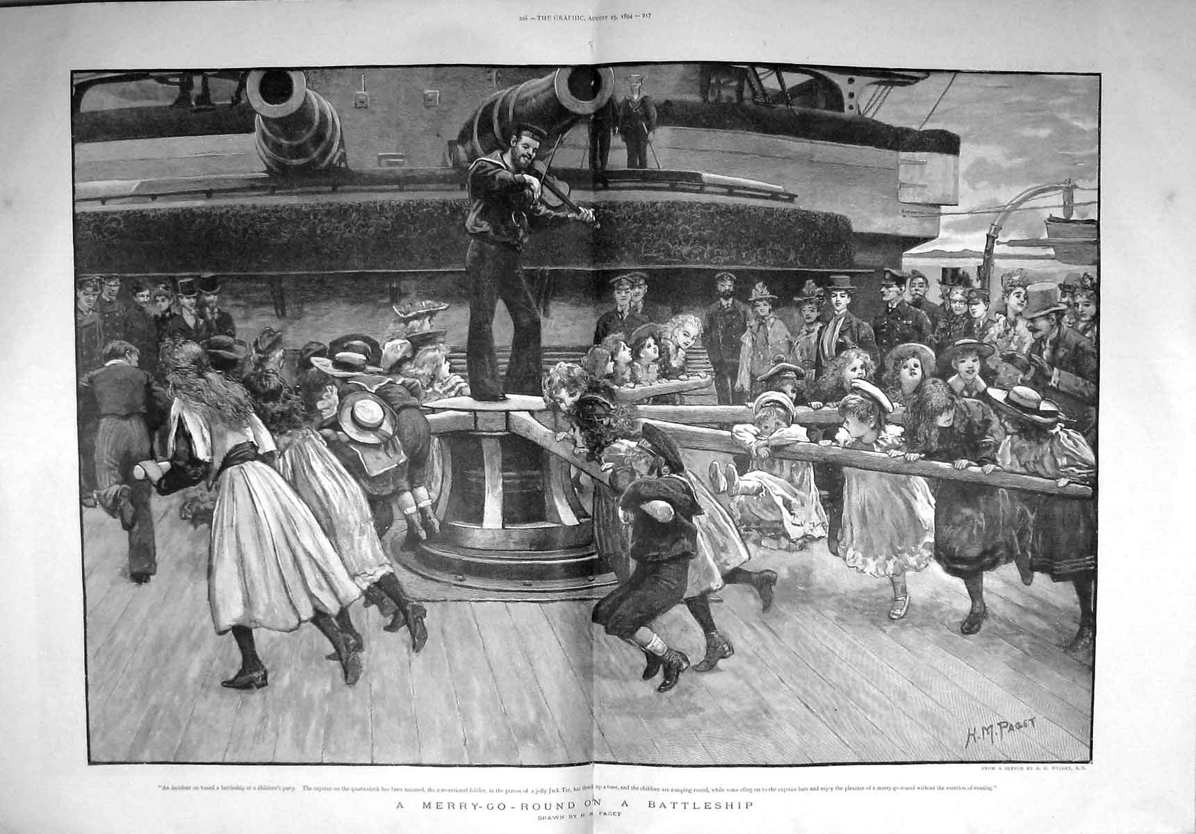 Old Antique Print 1894 Merry-Go-Round Battle Ship Children Party Paget 19th