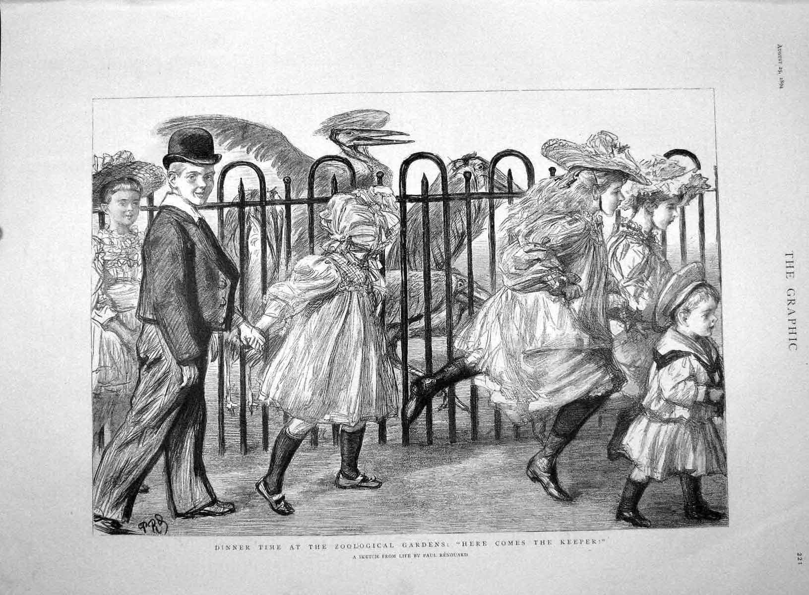 Original Old Antique Print 1894 Dinner Zoological Garden Children Zoo Keeper