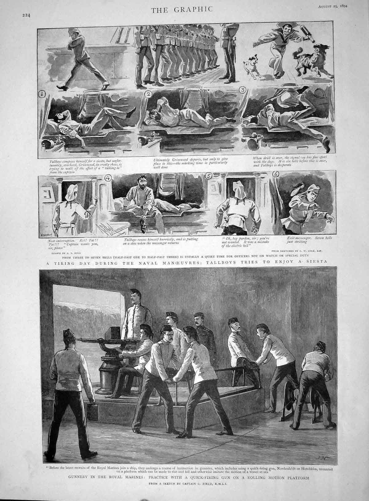 Old Antique Print 1894 Gunnery Royal Marines Practice Navy Tallboys War 19th