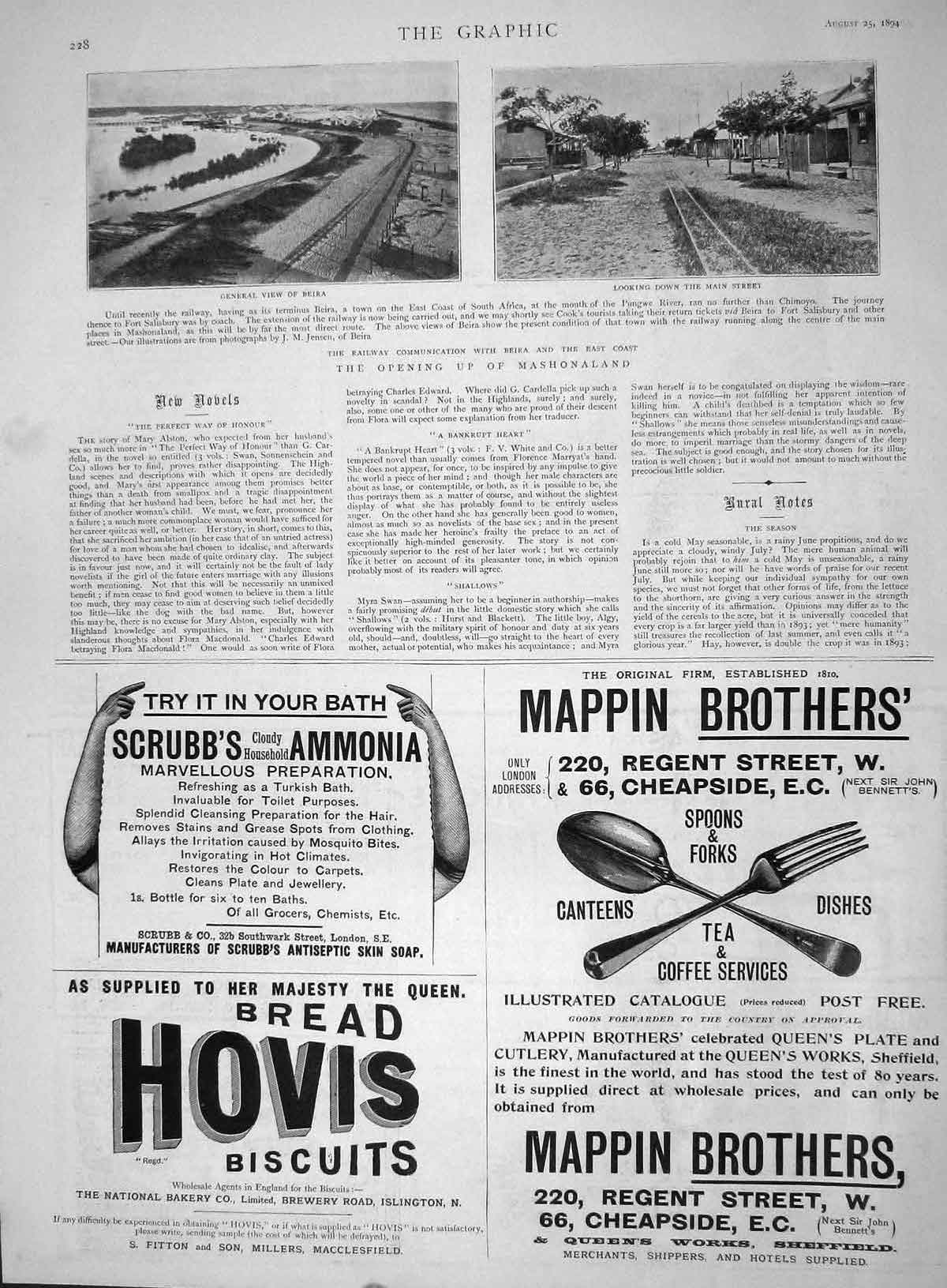 Old Antique Print 1894 Beira Railway Mashonaland Mappin Webb Hovis Bread 19th