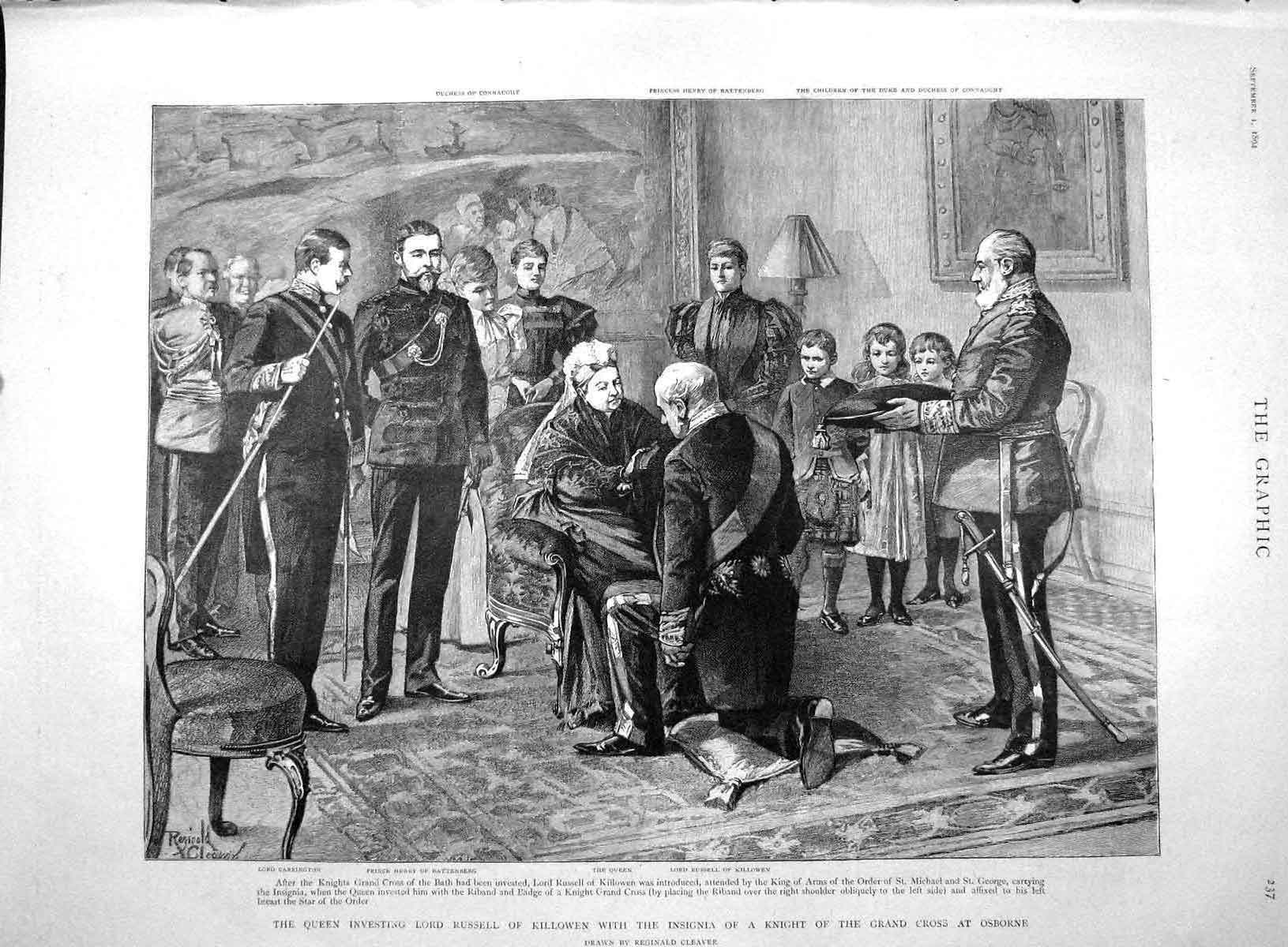 Old Antique Print 1894 Queen Lord Russell Killowen Insignia Cross Osborne 19th