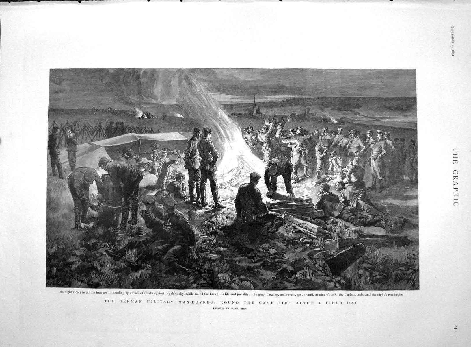 Original Old Antique Print 1894 German Military Manoeuvres Camp Fire Siers War