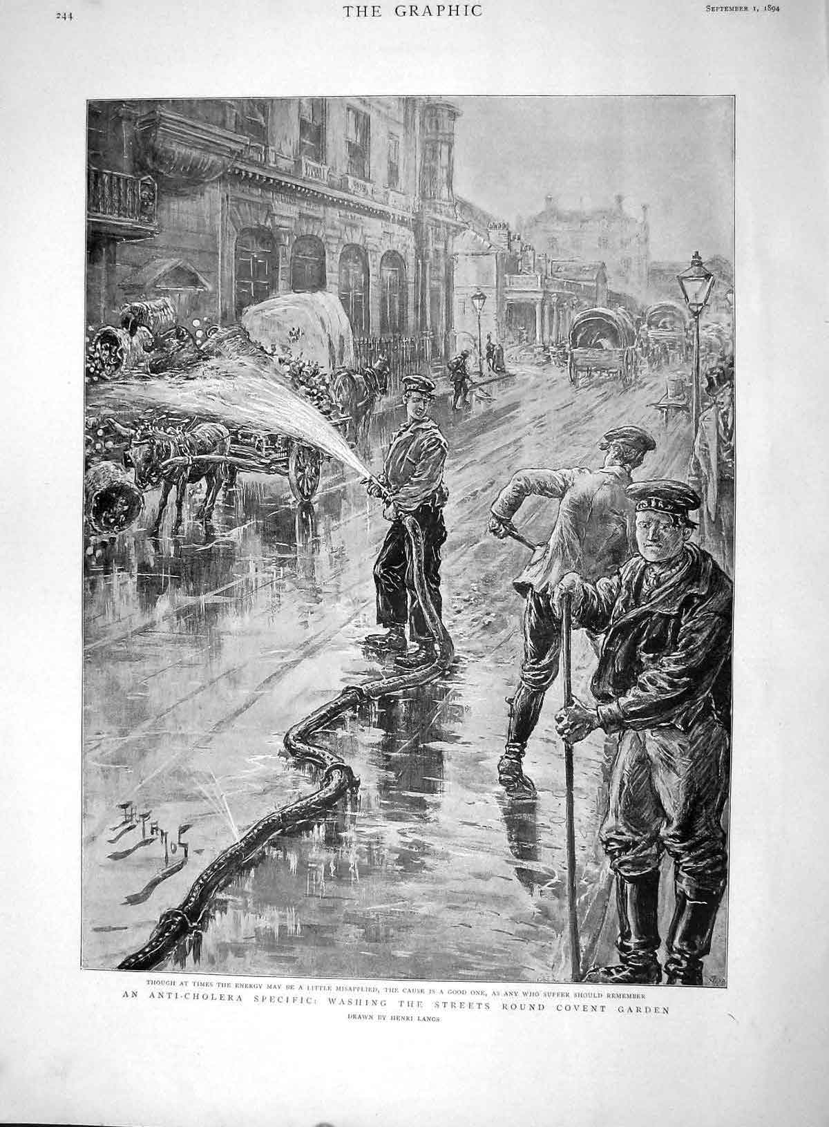 Old Antique Print 1894 Anti Cholera Washing Streets Covent Garden London 19th