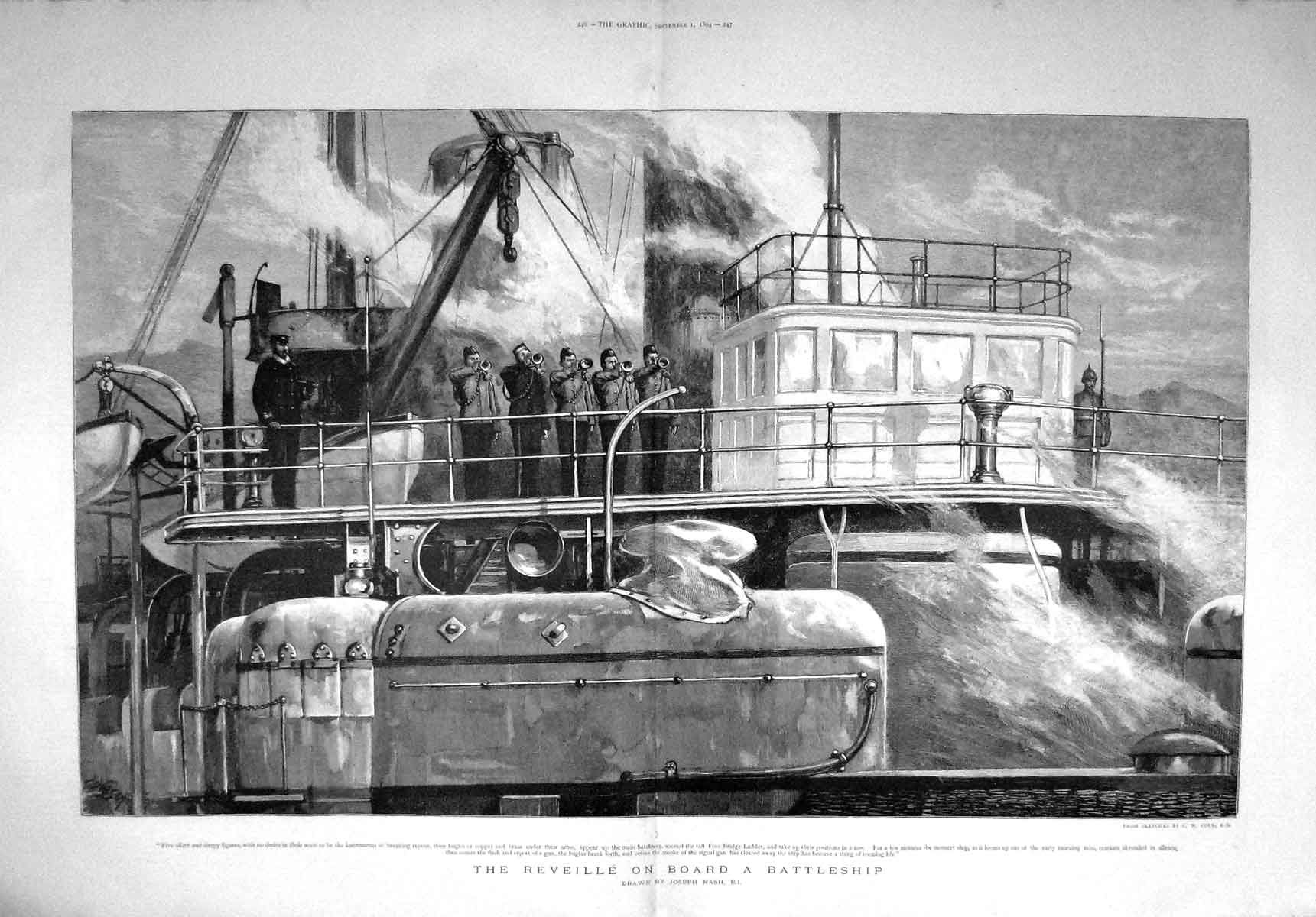 Original Old Antique Print 1894 Reveille Board Battle Ship Bugles War Fine Art