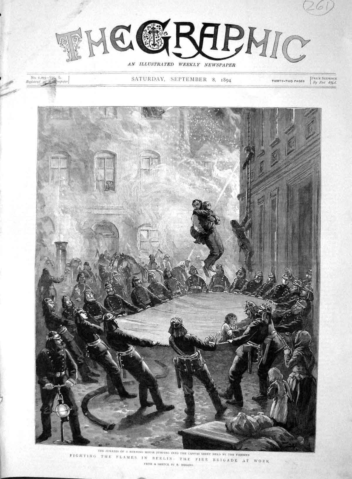 Original Old Antique Print 1894 Berlin Fire Brigade Burning House Canva 19th