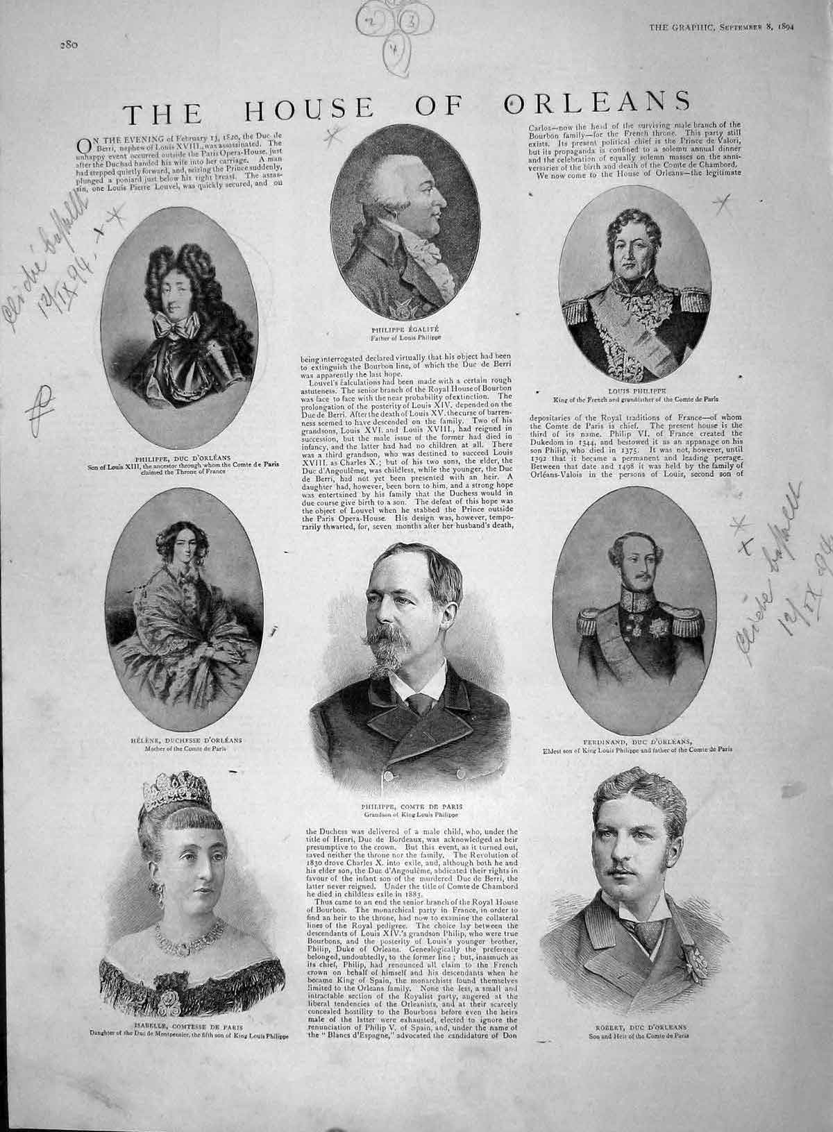 Original Old Antique Print 1894 House Orleans Egalite Philippe Isabelle 19th