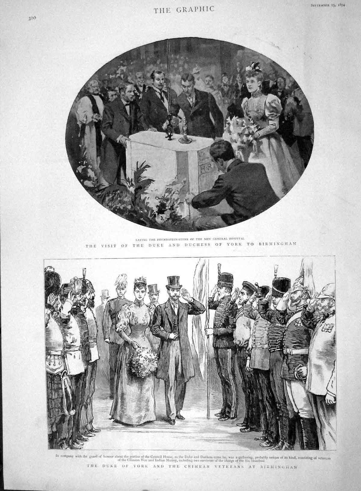 Original Old Antique Print 1894 Duke York Birmingham Hospital Crimean Veterans