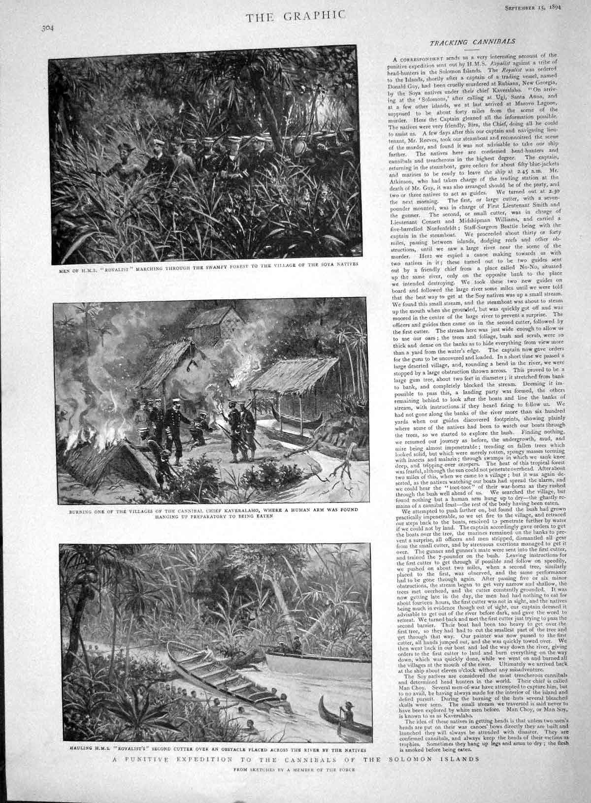 Original Old Antique Print 1894 Cannibals Solomon Kaveralaho Royalist Lomb 19th