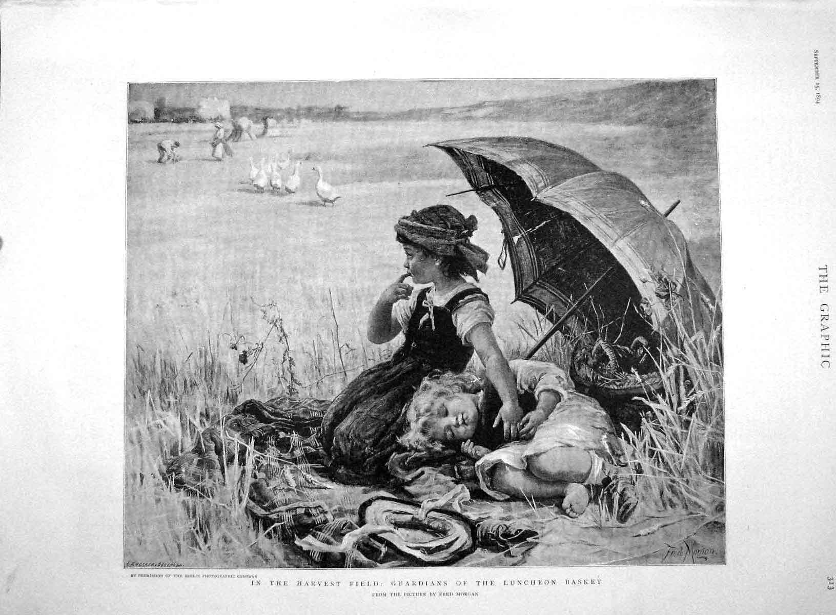 Original Old Antique Print 1894 Harvest Field Children Picnic Umbrell Victorian