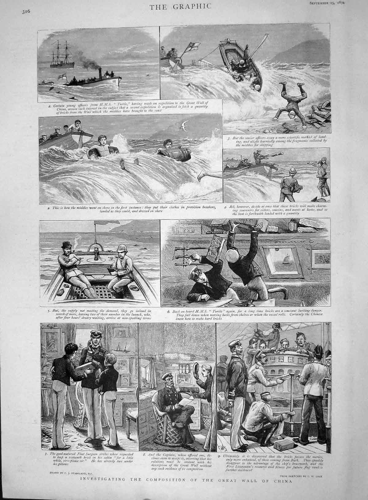 Old Antique Print 1894 Investigating Composition Great Wall China Sailors 19th