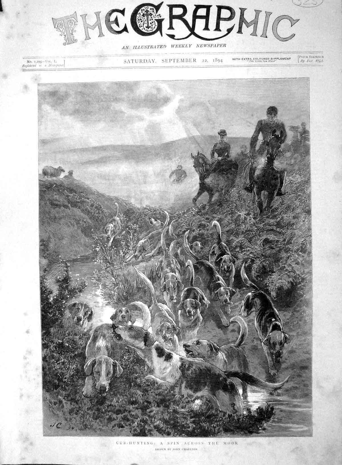 Original Old Antique Print 1894 Fox Cub Hunting Hounds Dogs Huntsment Horses