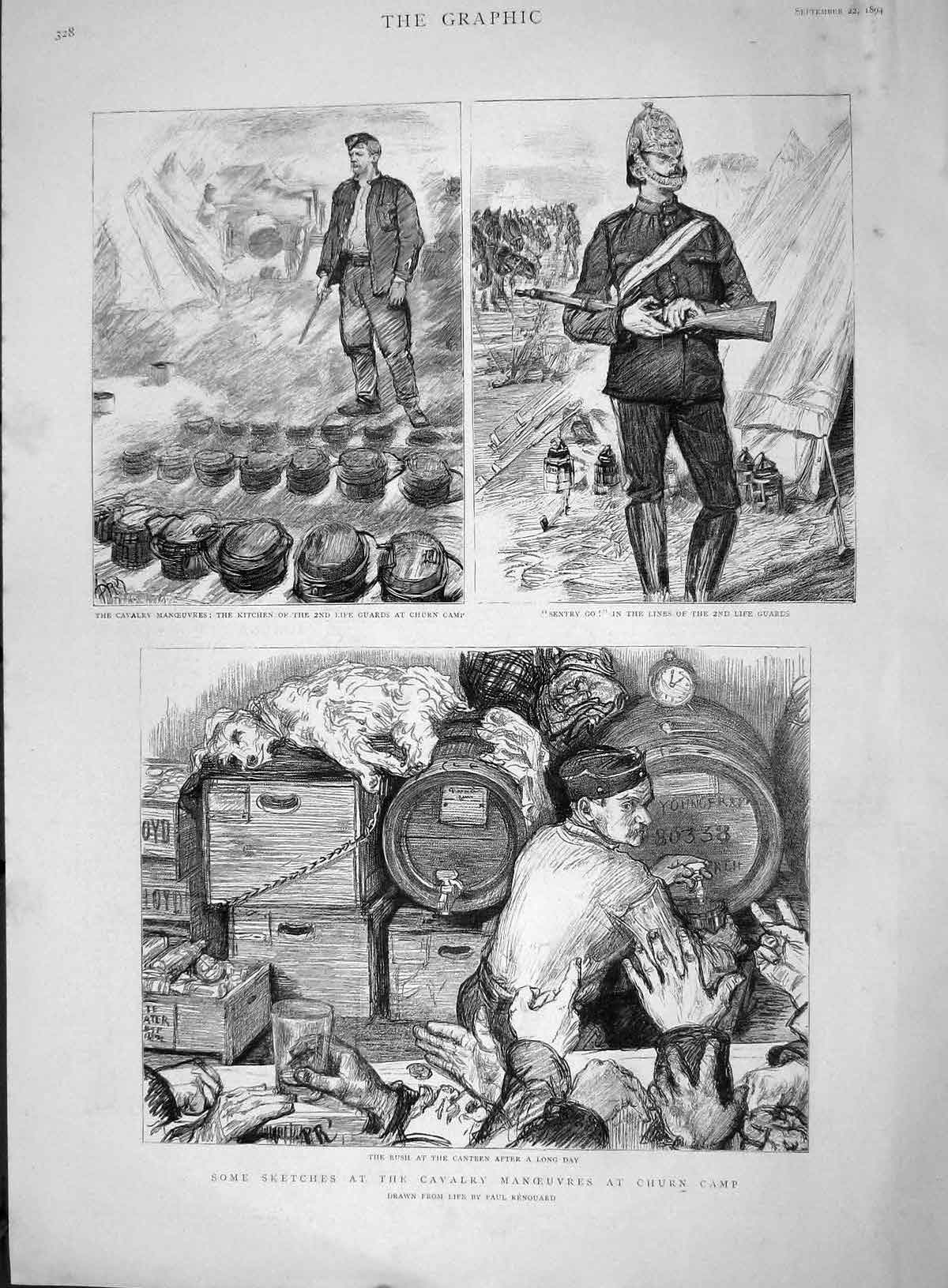 Original Old Antique Print 1894 Cavalry Manoeuvres Churn Camp Life Guards War