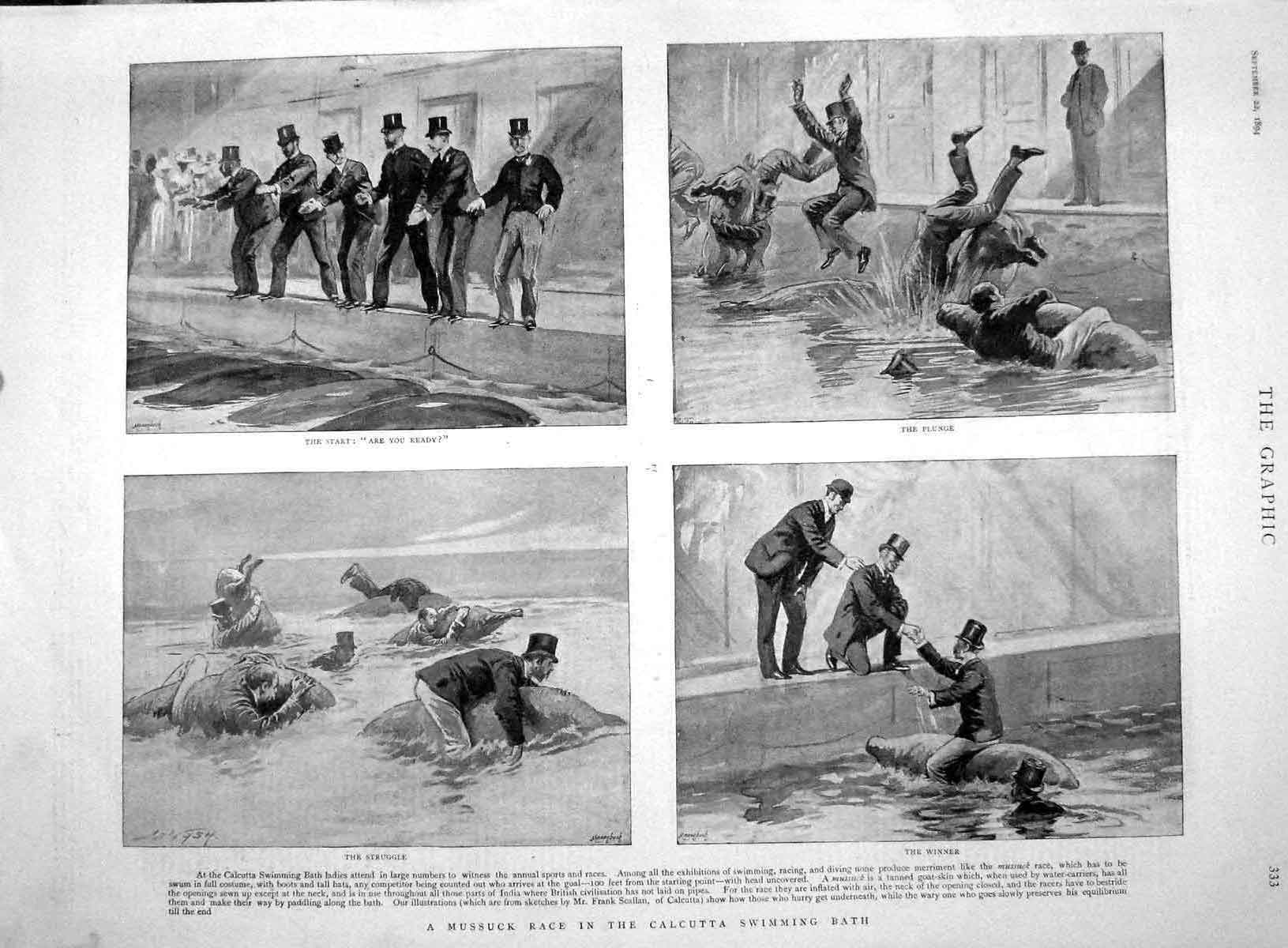 Original Old Antique Print 1894 Mussuck Race Calcutta Swimming Bath Goat-Skin