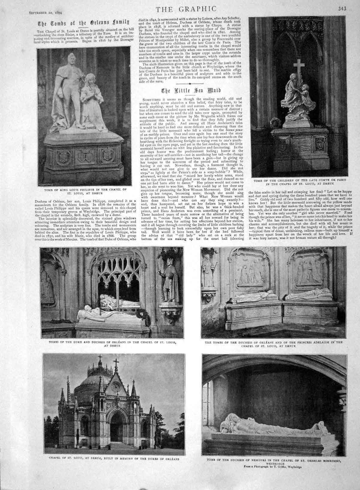 Old Antique Print 1894 Tomb Children Orleans Family Borromeo Louis Dreux 19th