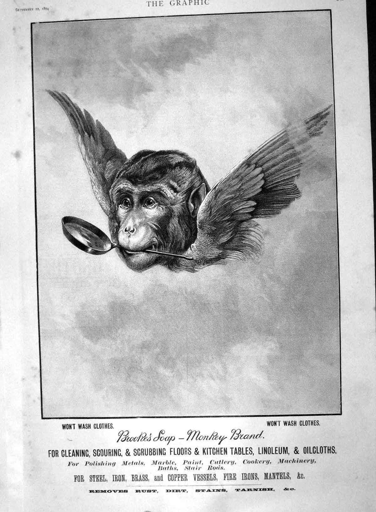 Original Old Antique Print 1894 Advertisement Brooke'S Monkey Brand Soap 19th