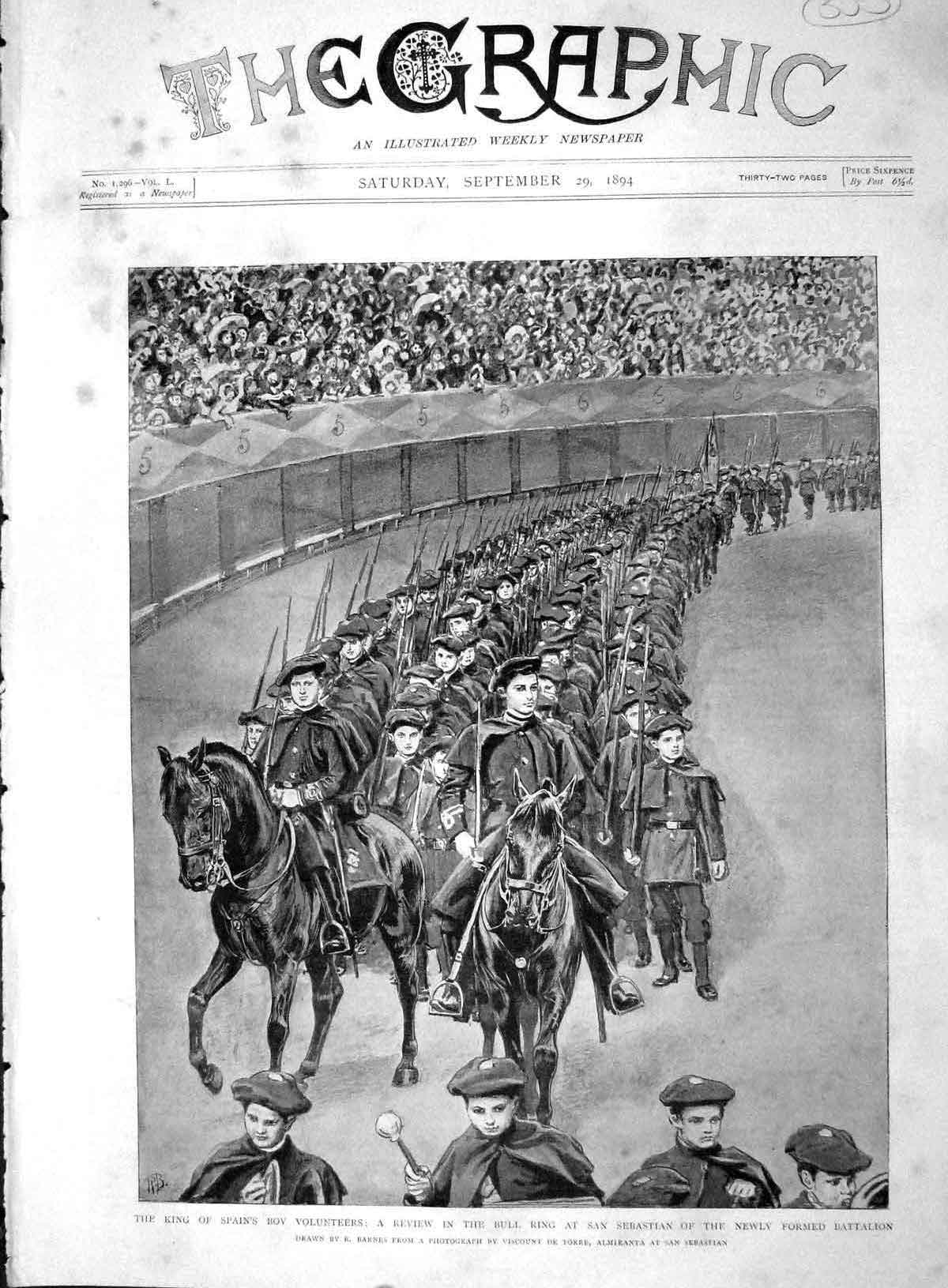 Original Old Antique Print 1894 King Spain Boy Volunteers Bull Ring Sebastian