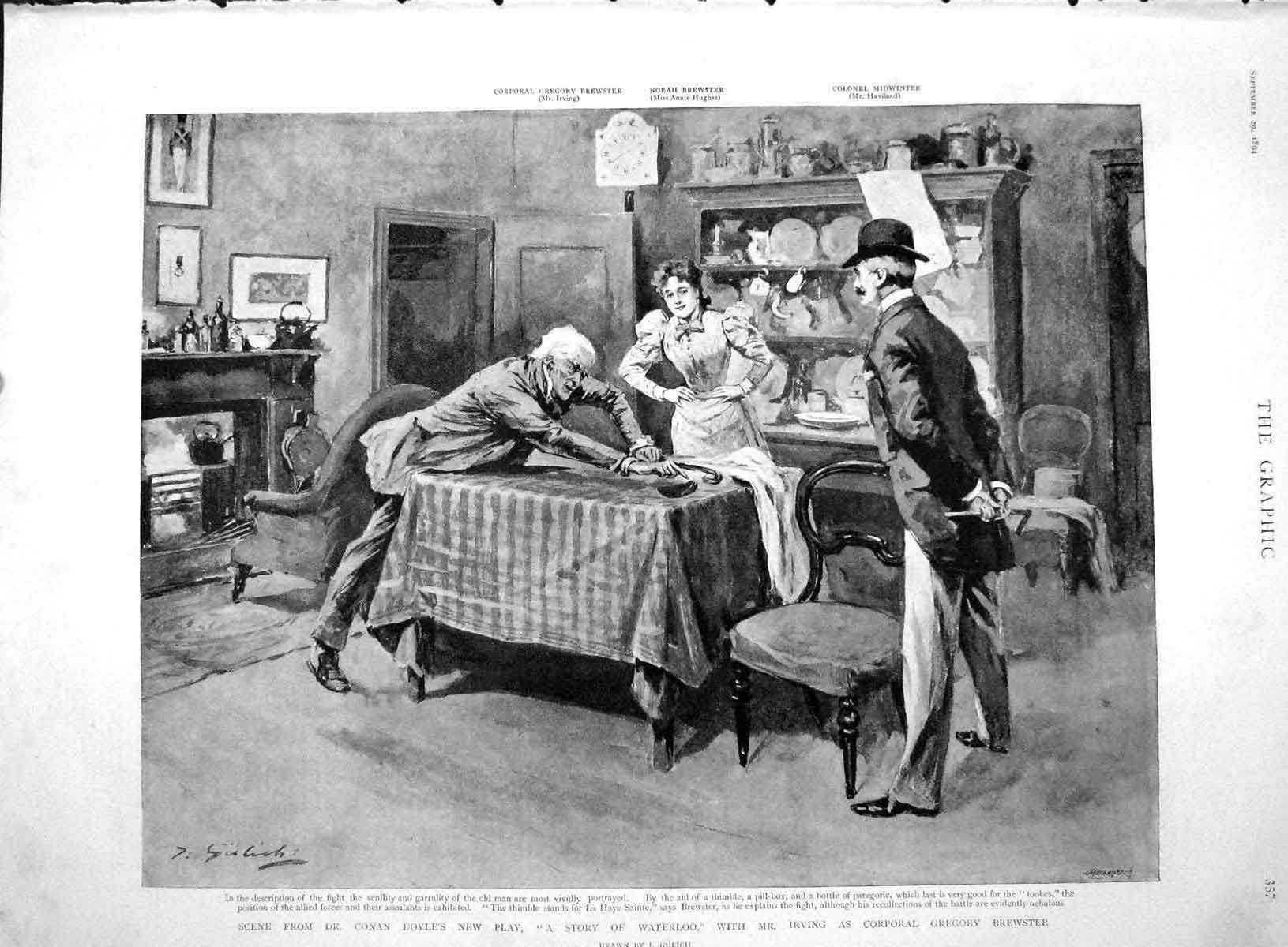 Original Old Antique Print 1894 Conan Doyle Story Waterloo Theatre Irving B 19th