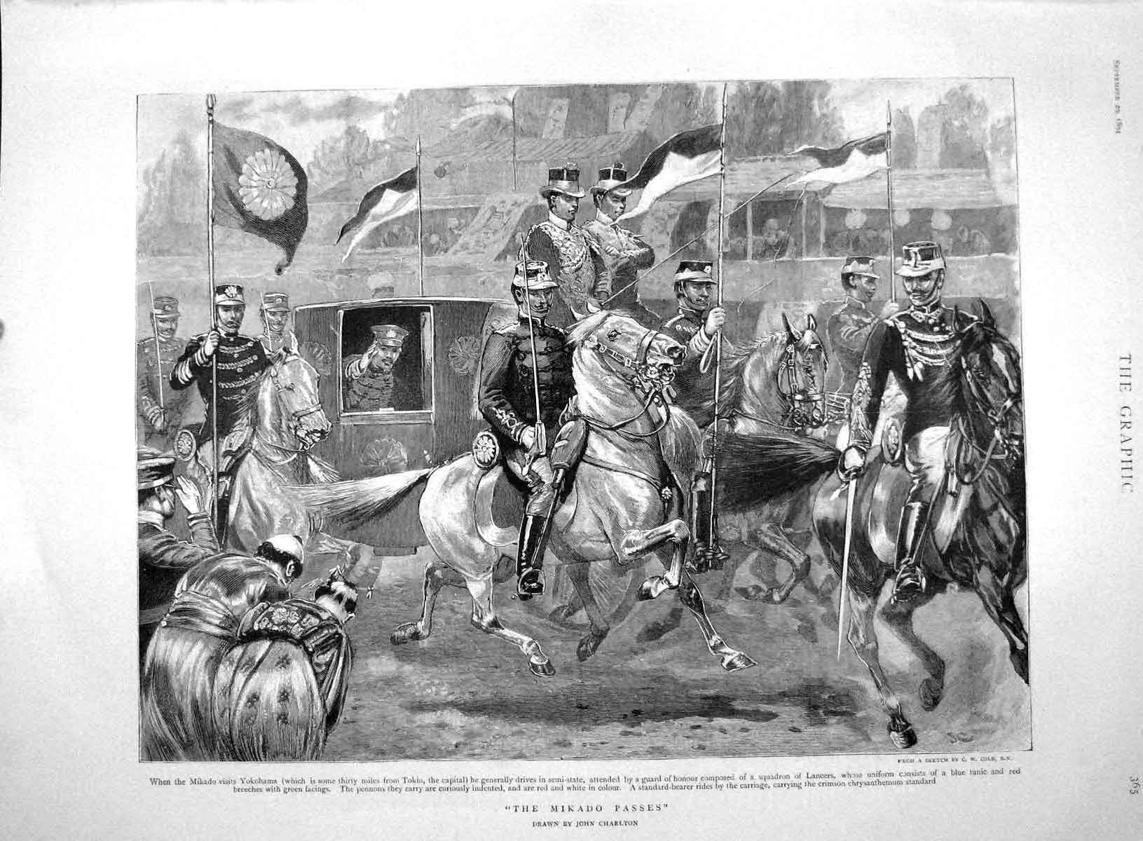 Original Old Antique Print 1894 Mikado Yokohama Tokio Squadron Lancers Charlton
